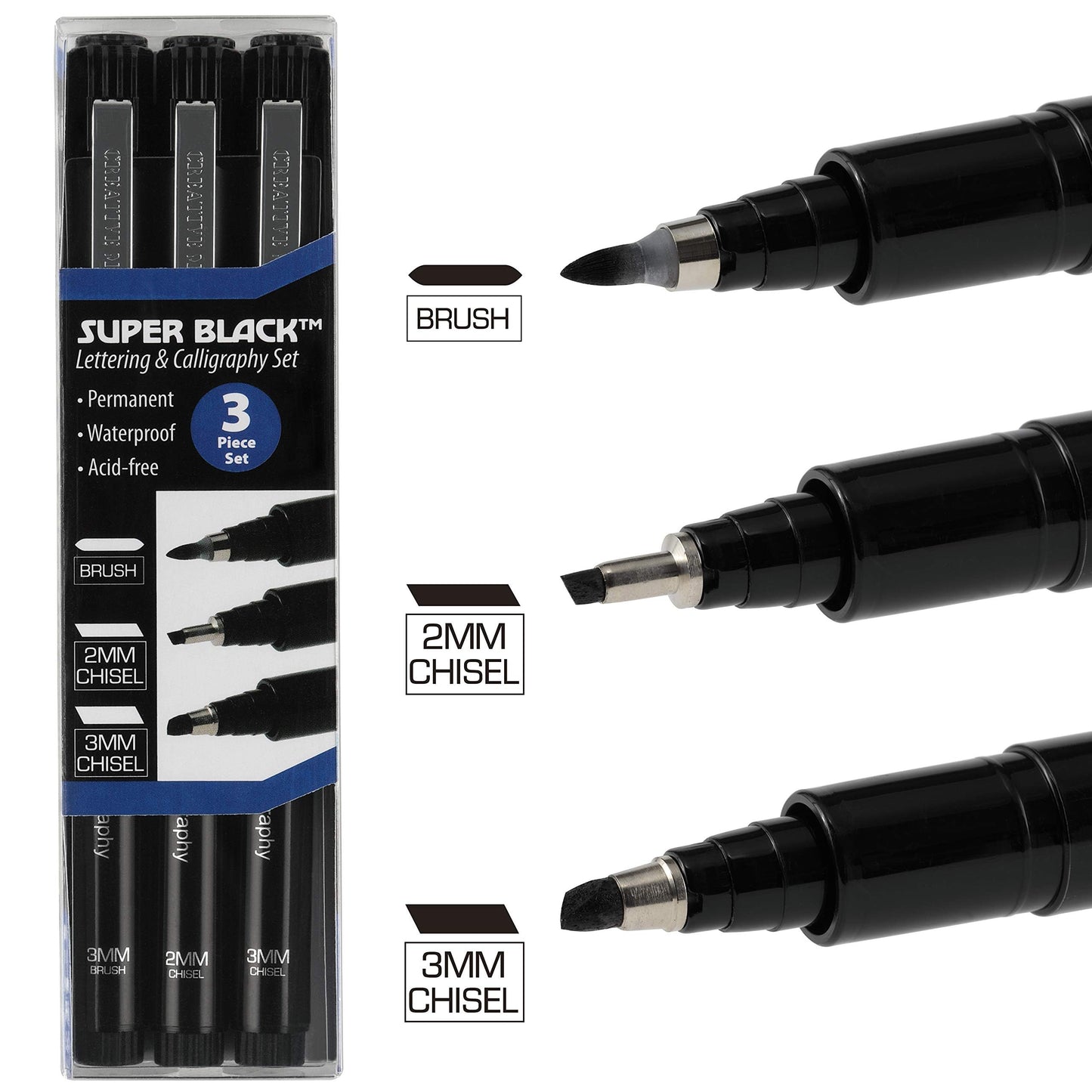 Creative Mark Calligraphy & Fineliner Pen Set of 3 Lettering & Calligraphy Drawing - Super Black, Permanent, Waterproof, & Acid-Free Chisel Nylon-Nibs Pens & Medium Brush Tip