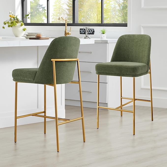 CHITA Counter Height Bar Stools Set of 2, FSC Certified Metal Barstools for Kitchen Island, 27" H Seat Height, Fabric, Green