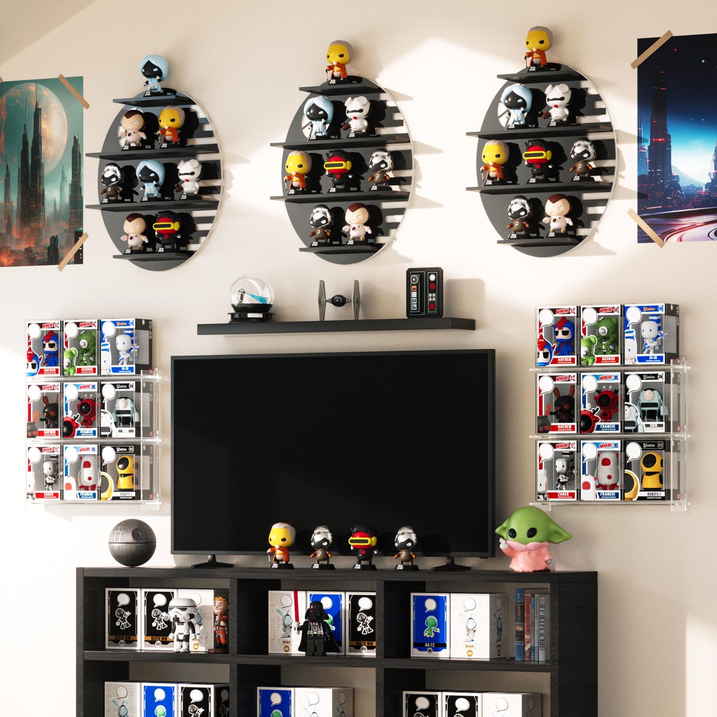 WINKINE Wall Display Shelves Compatible with Funko Pop Out of Box, Acrylic Floating Shelves for Wall, Figures Display Stand for Galaxy-Themed Collectibles Decor, Figures Organizer and Storage, Black