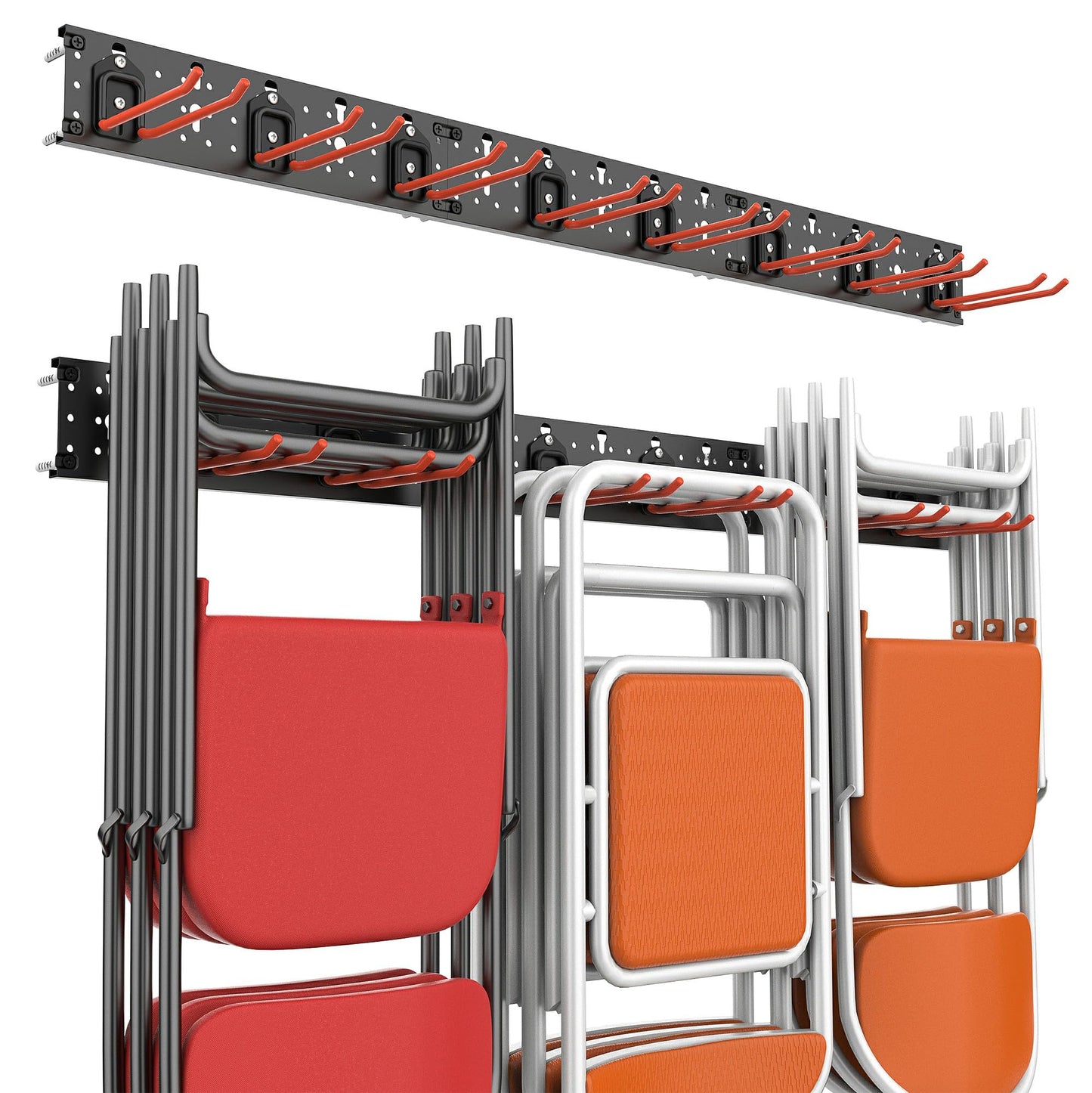 Wallmaster Wall Mount Garage Organizer Tool Storage Rack, Heavy Duty Folding Chair Hangers with 8 Adjustable Hooks, 48-inch Tracks, Max Load 300lbs