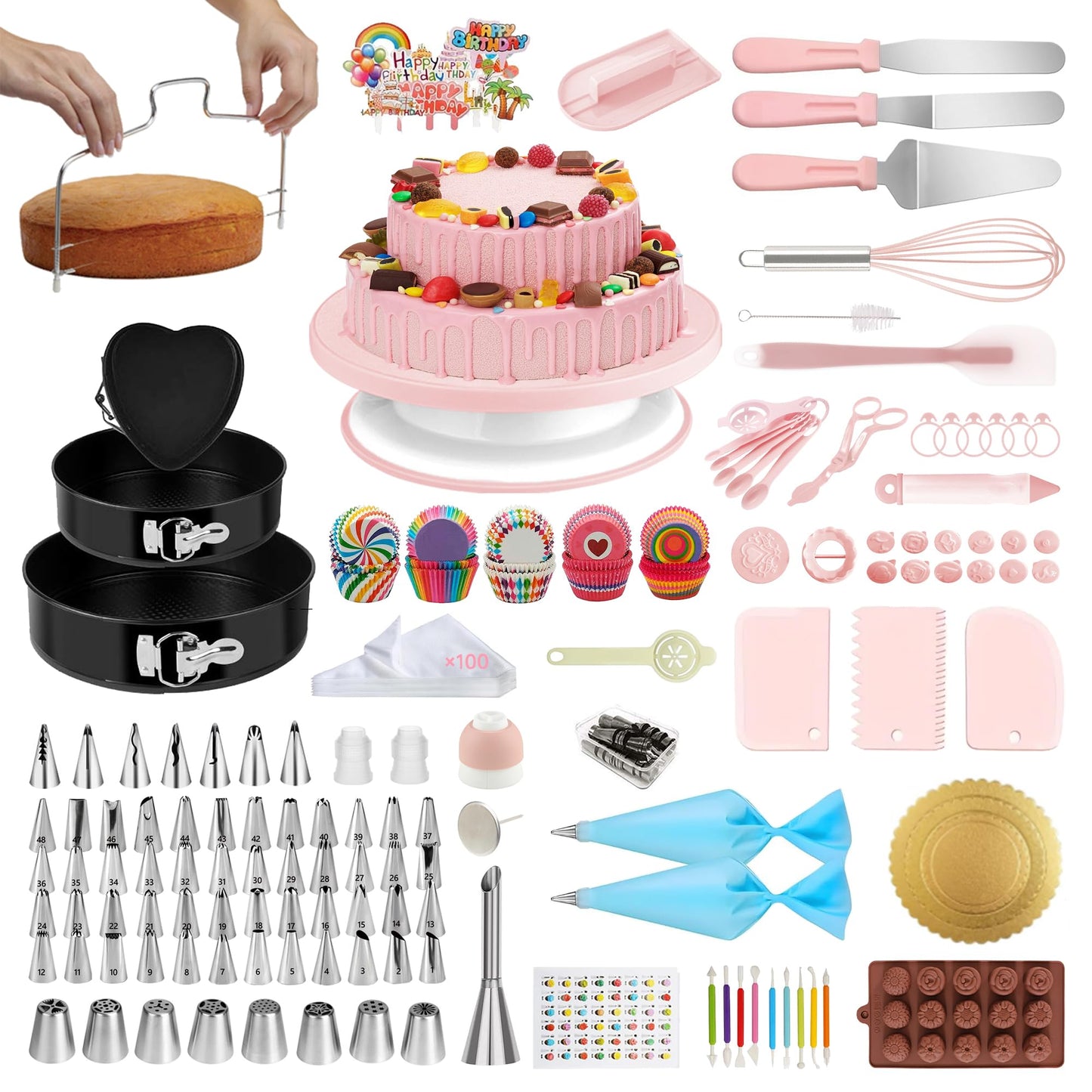Cake Decorating Kit - Cake Turntable for Decorating with Baking Springform Pans, Cake Leveler, Numbered Piping Tips, 2 Spatulas, Baking Supplies Tools