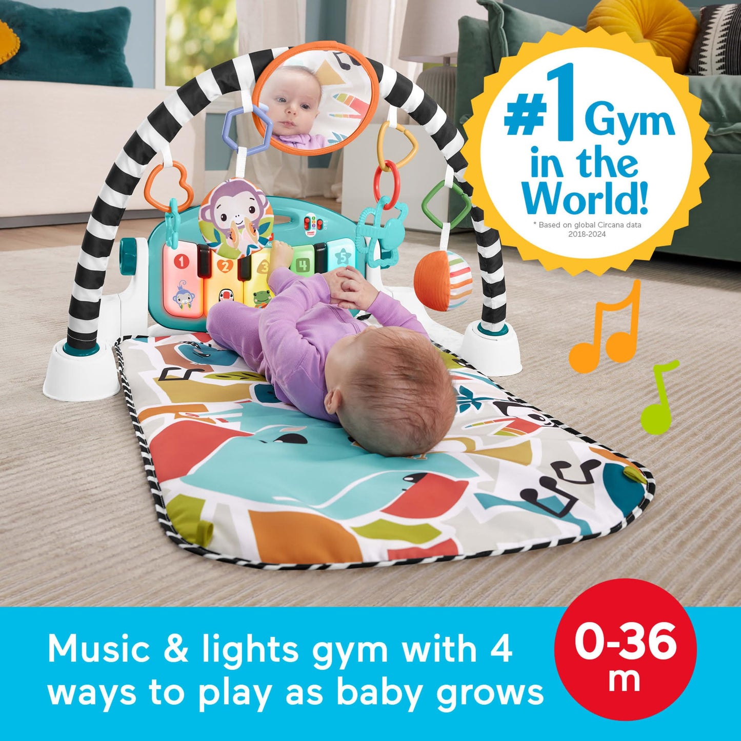 Fisher-Price Baby Activity Mat Glow & Grow Kick & Play Piano Gym, Spanish Language Version, Blue Musical Learning Toy for Ages 0+ Months