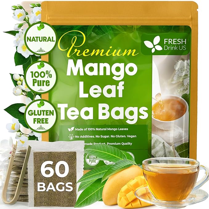 FreshDrinkUS, Premium 60 Mango Leaf Tea Bags, 100% Natural & Pure from Mango Leaves. Loose Leaf Herbal Tea. No Sugar, No Caffeine, No Gluten, Vegan.