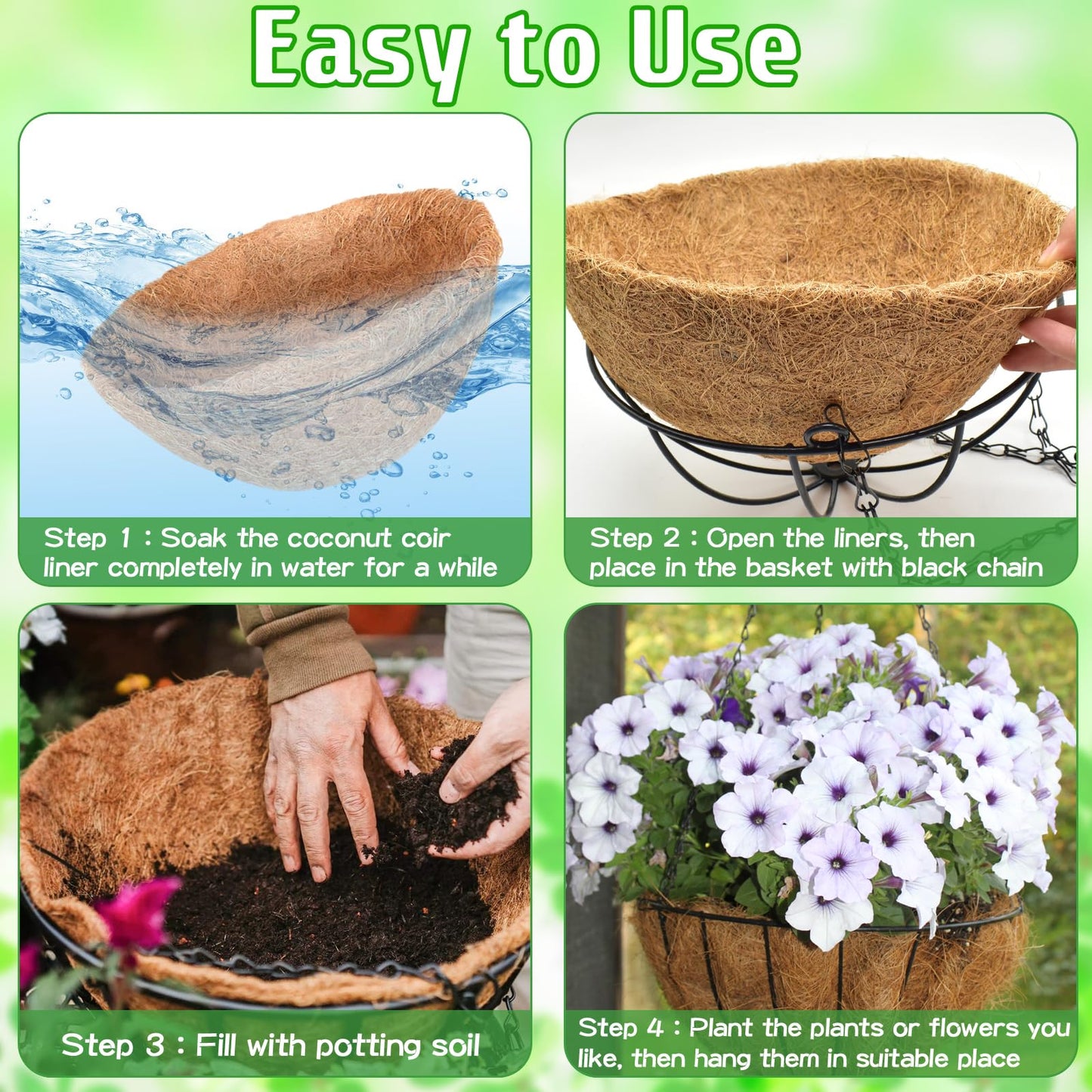 ZeeDix 6 Pack 14 Inch Metal Round Hanging Planter Basket with Coconut Liners Replacement, Hanging planters Baskets with Natural Coco Liner for Outdoor Indoor Planters Flowers Vegetables