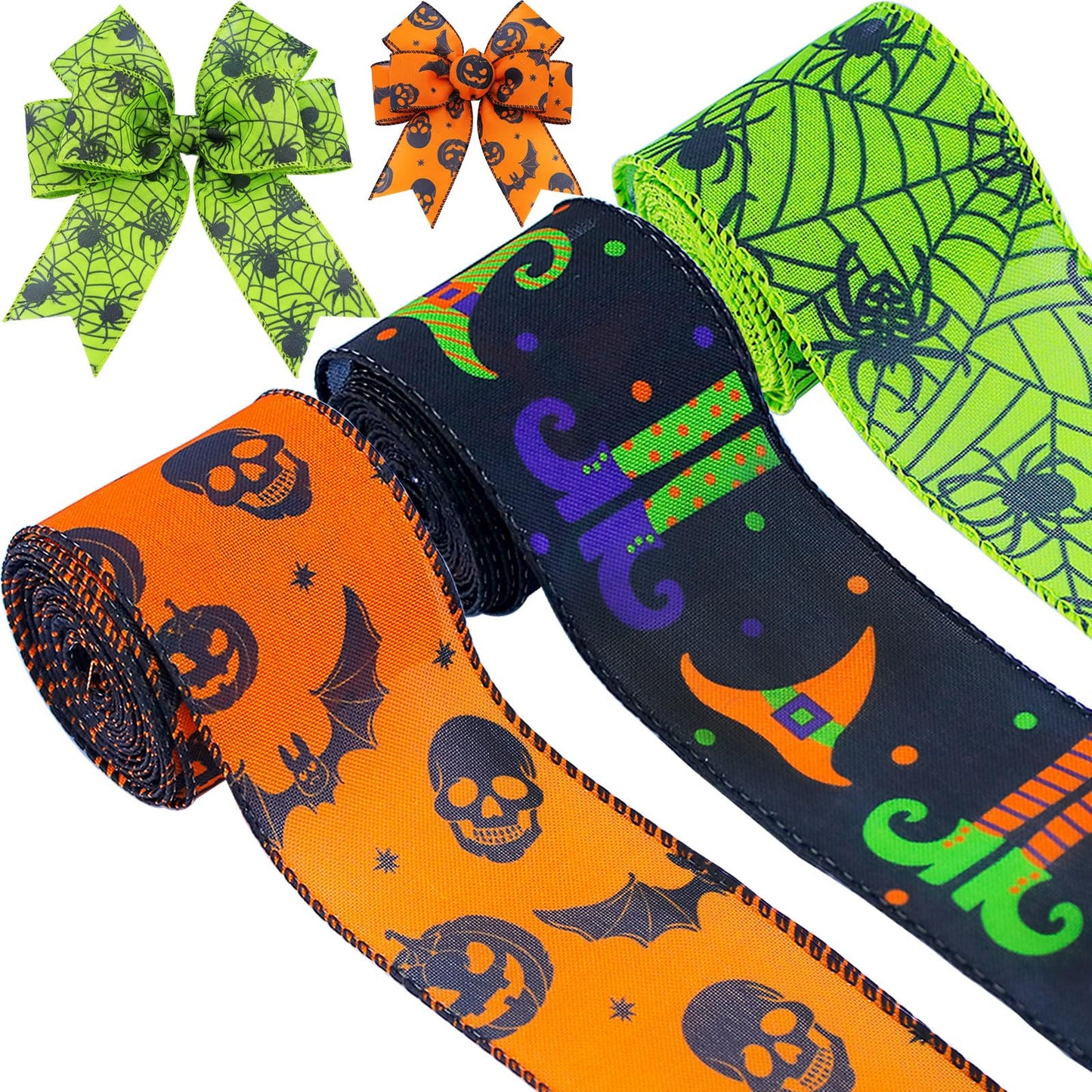 3 Rolls 15 Yards Halloween Wired Edge Ribbon - Bat Skull Pumpkin Halloween Decorative Spider Web Printed Wrapping Ribbon for Party Wreath DIY Craft Floral Bow