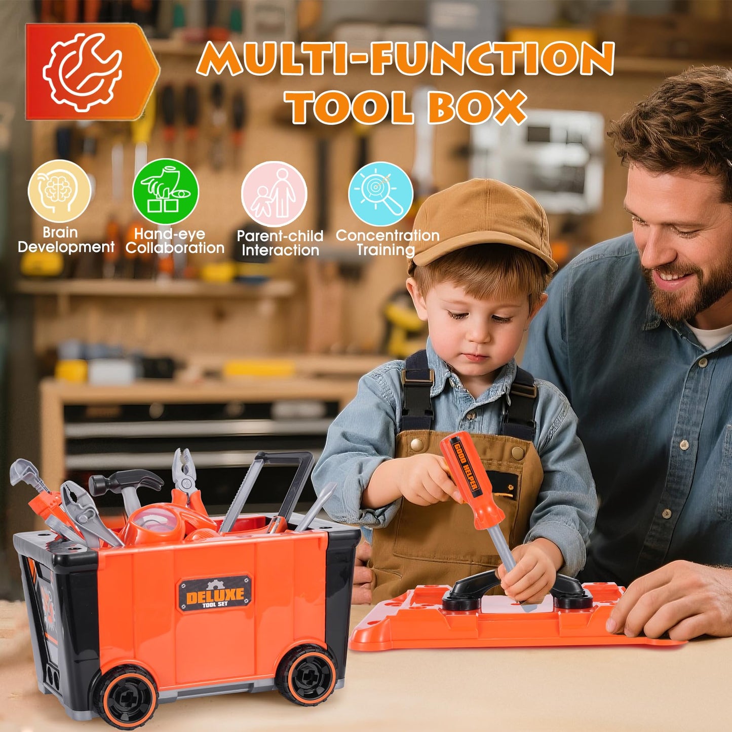 REXBETI Kids Tool Set with Box and Electronic Toy Drill, Pretend Play Kids Workbench Construction Kits, Toddler Tool Set, Birthday Gifts for Ages 3-8 Years Old