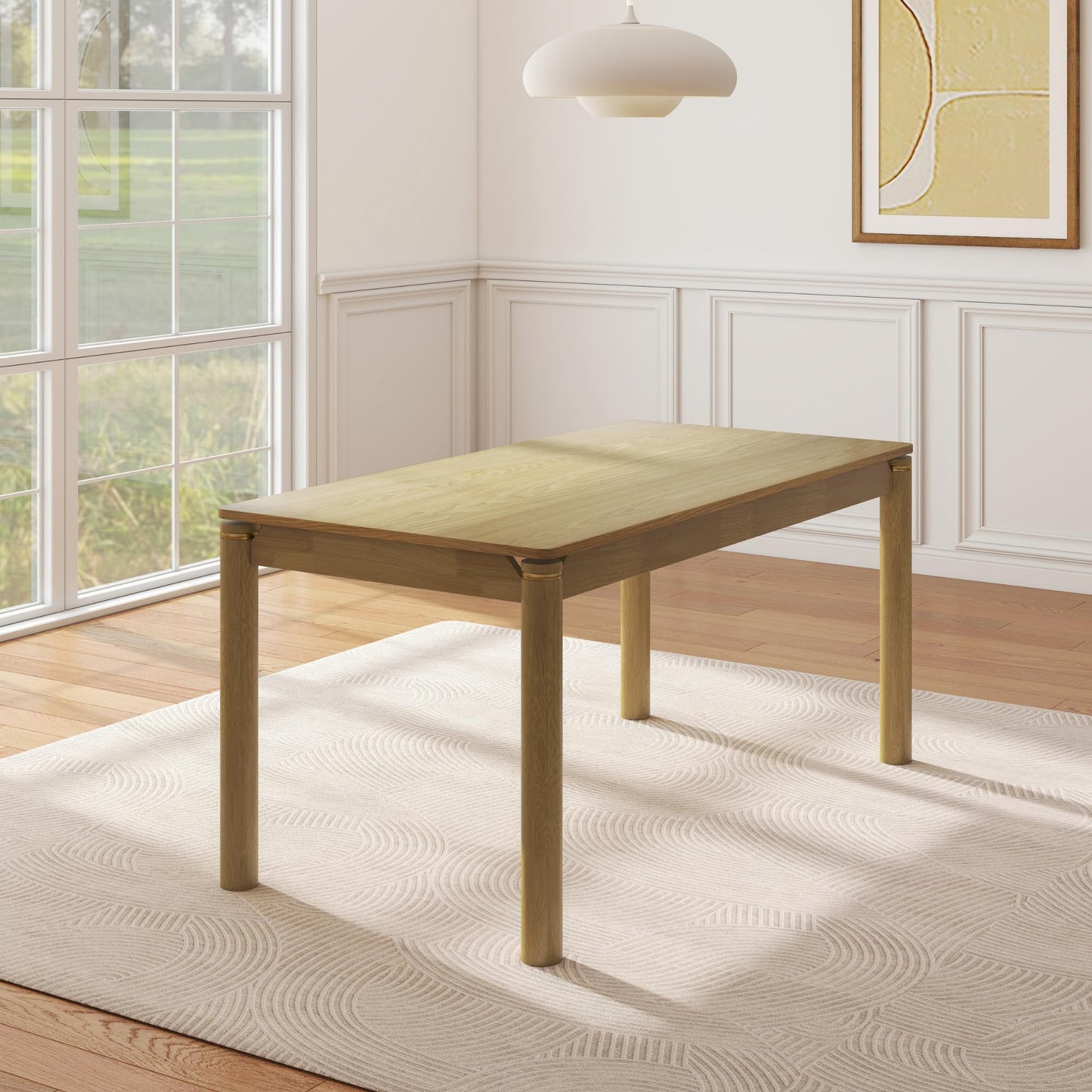 Hyfirm Solid Wood Dining Table for 4-6, 63 Inch Mid Century Modern Rectangular Kitchen Table with Gold Ring Decoration, Farmhouse Dinner Table for Dining Room/Home Office/Restaurant, Natural