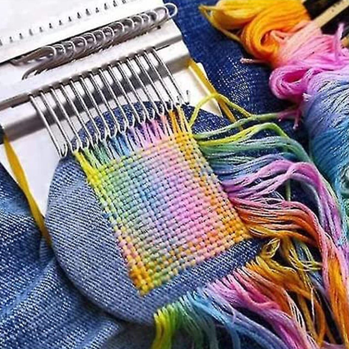 Allazone Darning Mini Loom Machine Small Weaving Loom Machine with 50 Color Darning Threads for DIY Artful Patterns, Repair Clothes, Craft DIY (21 Hooks)