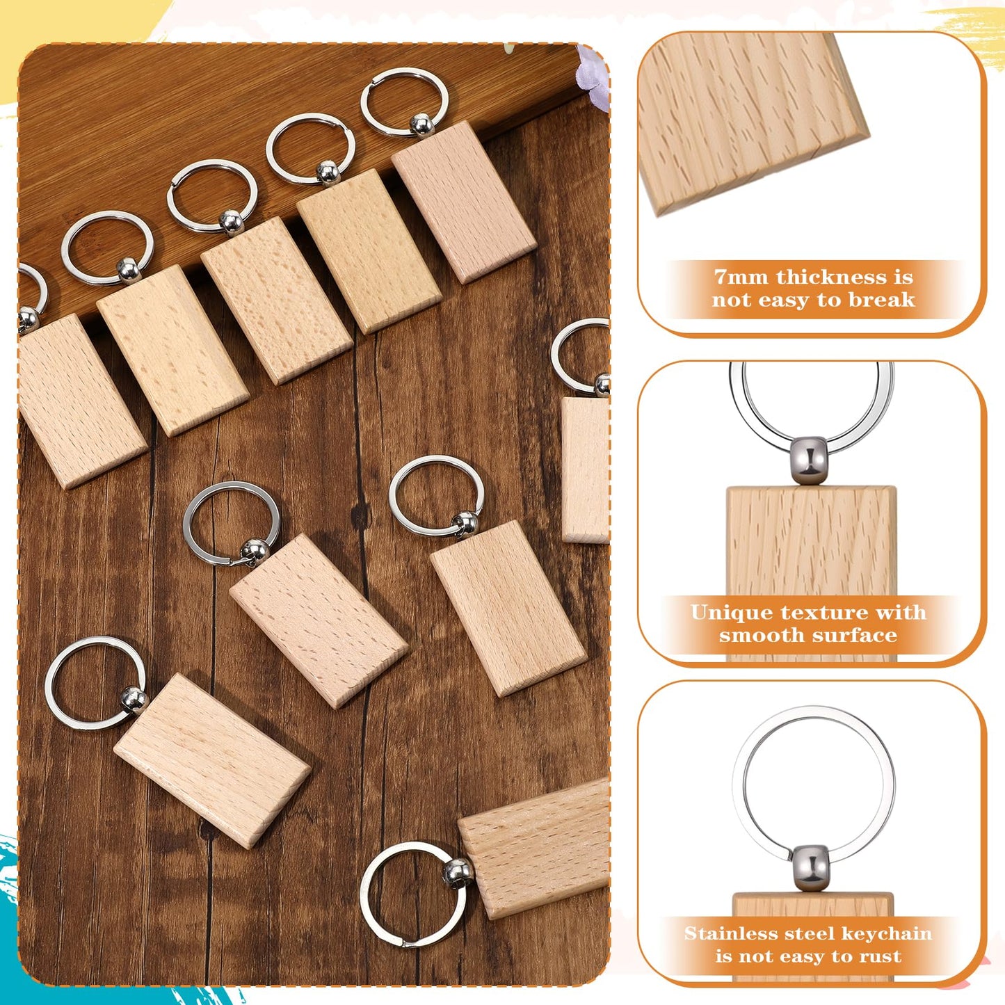 50 Pcs Wooden Keychain Blanks, Unfinished Wood Key Chains Bulk for DIY, Laser Engraving Gifts, Crafting, Gift Making, Rectangle Shape