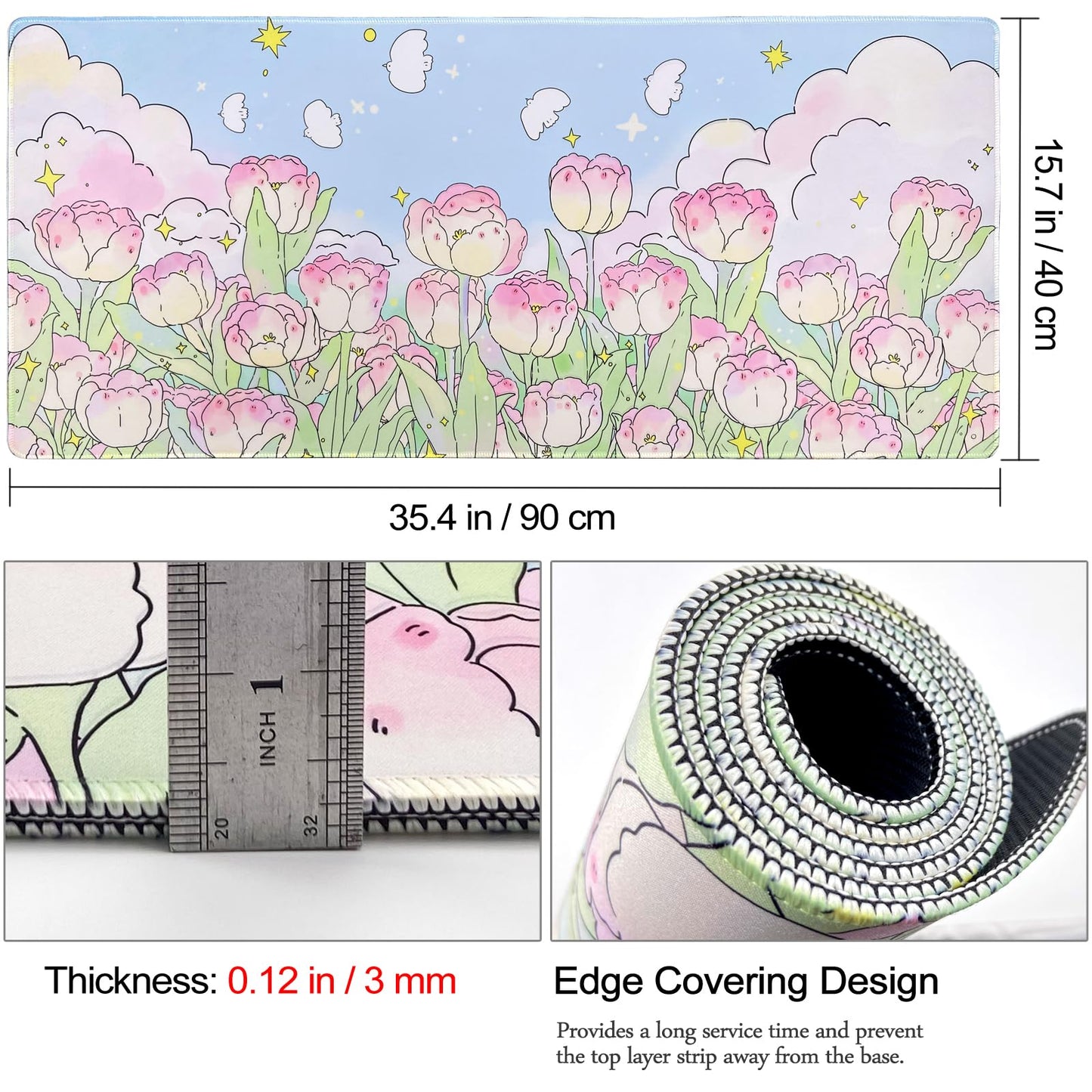 WSLUCKO Extended Large Gaming Mouse Pads Mat 35.4"x15.7"x0.12"(3mm Thick), Oversized Office Desk Mat with Stitched Edges (Cute Tulips)