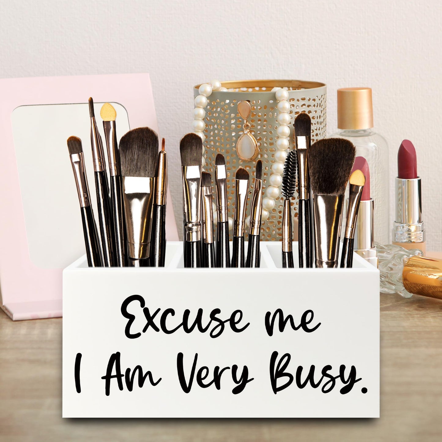 QZQE Funny Pen Pencil Holder Organizer for Desk, Funny Office Decor, Excuse Me I Am Very Busy Wooden Box Signs Decorations for Home Workplace Office Desk Tabletop
