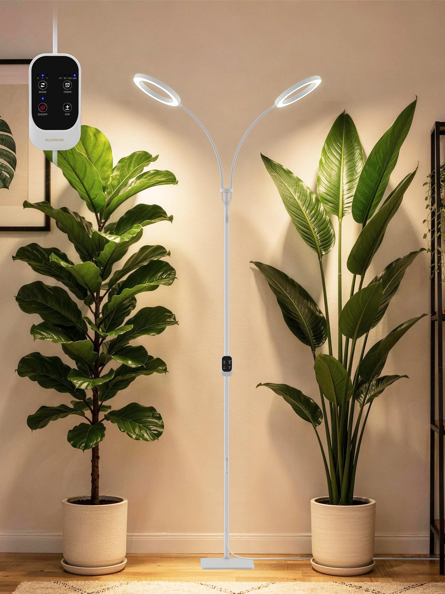 GLOWRIUM Grow Lights for Indoor Plants, Full Spectrum LED Grow Light, Stepless Dimming,3 Lighting Mode and Adjustable Height, Plant Light with 3/9/12/16H Timer (White, Dual Heads)