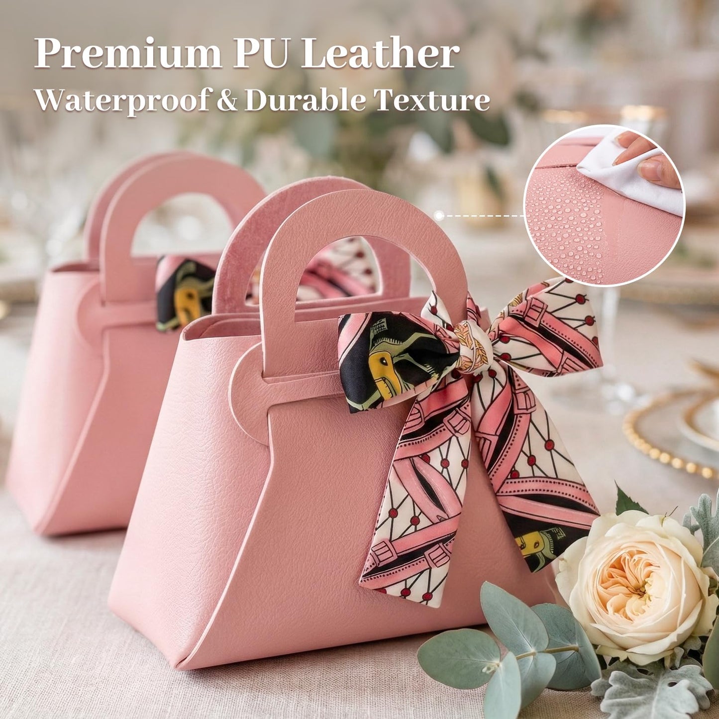 VGOODALL Small Gift Boxes with Bow Handle, Party Favor Boxes, 10 Pack, Pink, PU Leather for Wedding, Baby Shower, Birthday