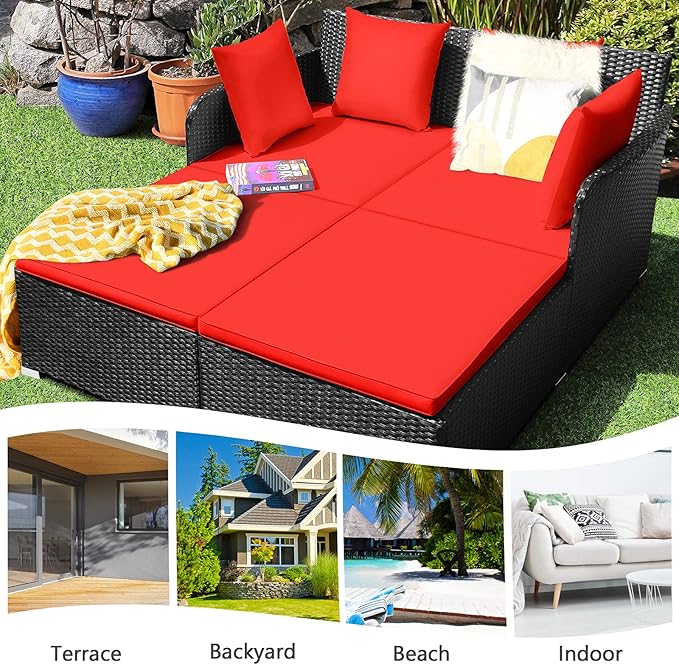 HAPPYGRILL Outdoor Rattan Daybed Patio Loveseat Sofa Set with Padded Cushion Pillows and Sturdy Aluminum Foot, Wicker Patio Furniture for Garden Porch Poolside
