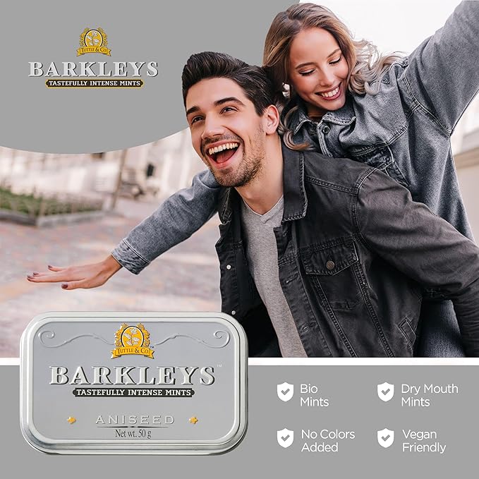 Barkleys Aniseed Breath Mints - Strong Aniseed Flavor Cool Mint Candy For Party, After Dinner, Wedding, Every Day Use - Vegan Breath Mints In Reusable Classic Travel Tins, 1 Pack - 50 Count Each