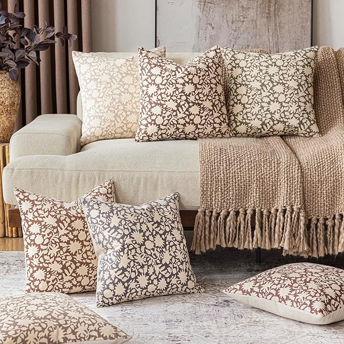 Foindtower Set of 2 Decorative Neutral Floral Throw Pillow Covers Accent Farmhouse Cushion Covers Boho Vintage Pillowcase for Couch Sofa Bedroom Living Room Home Decor,24×24 Inch,Sage Green