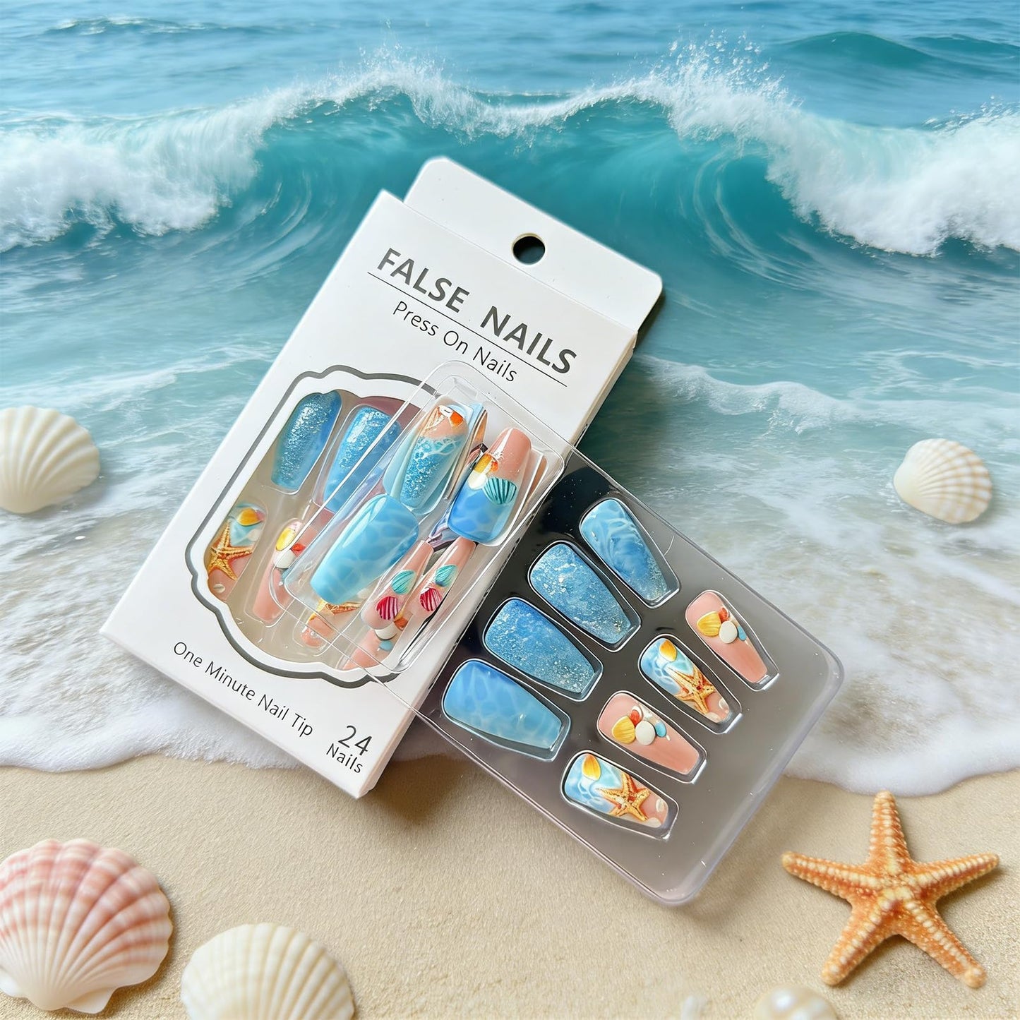 Beach Press on Nails Medium Coffin Fake Nails with Starfish Shell Coral Design Acrylic False Nail Glossy Full Cover Stick on Nail Reusable Artificial Summer Nails for Women Manicure 24Pcs