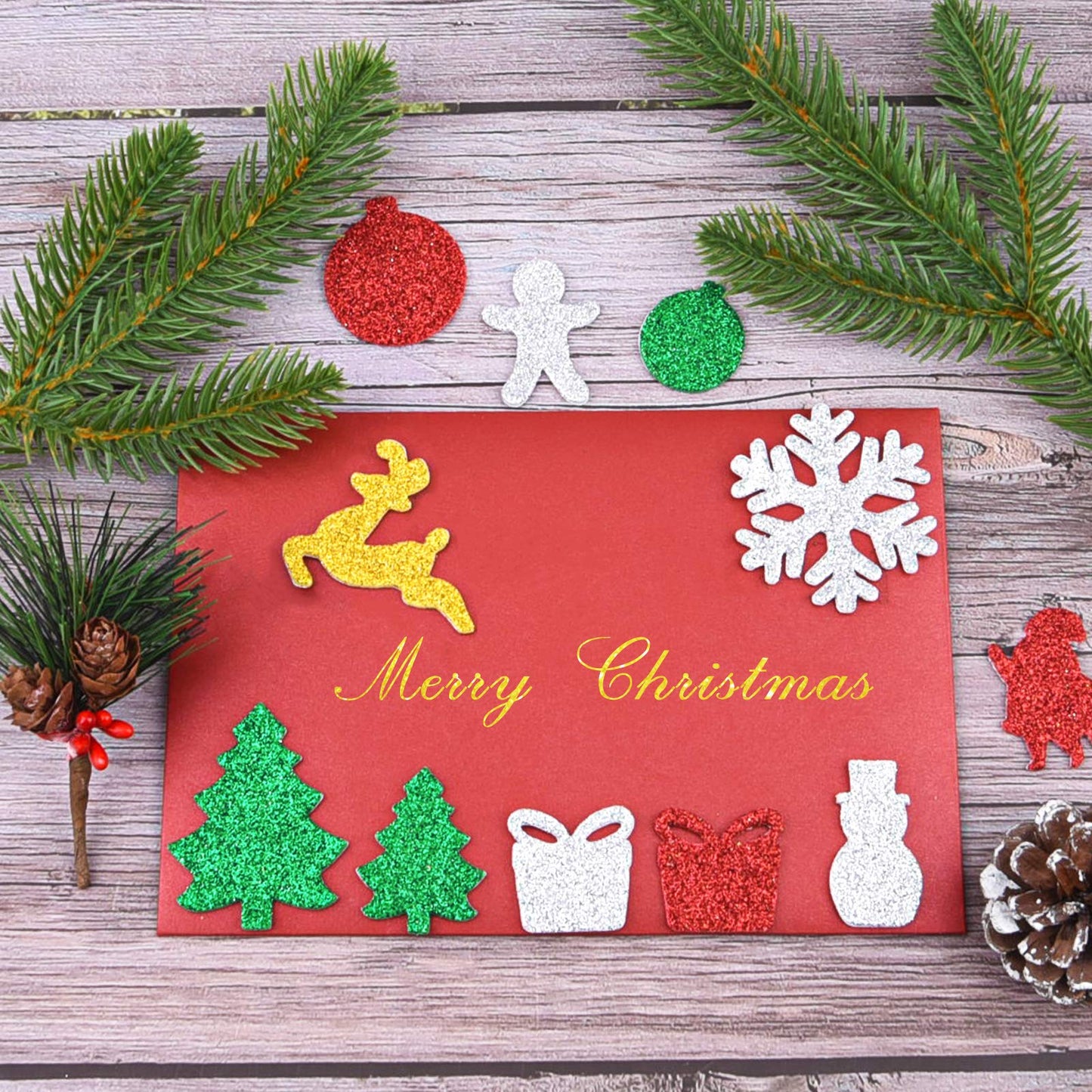 Livder 300 Pieces Christmas Glitter Foam Stickers Self Adhesive Snowflake Santa Bell Sticker for Xmas Gift Box Bag, Tree, Greeting Cards DIY Decoration (Pack of 2)