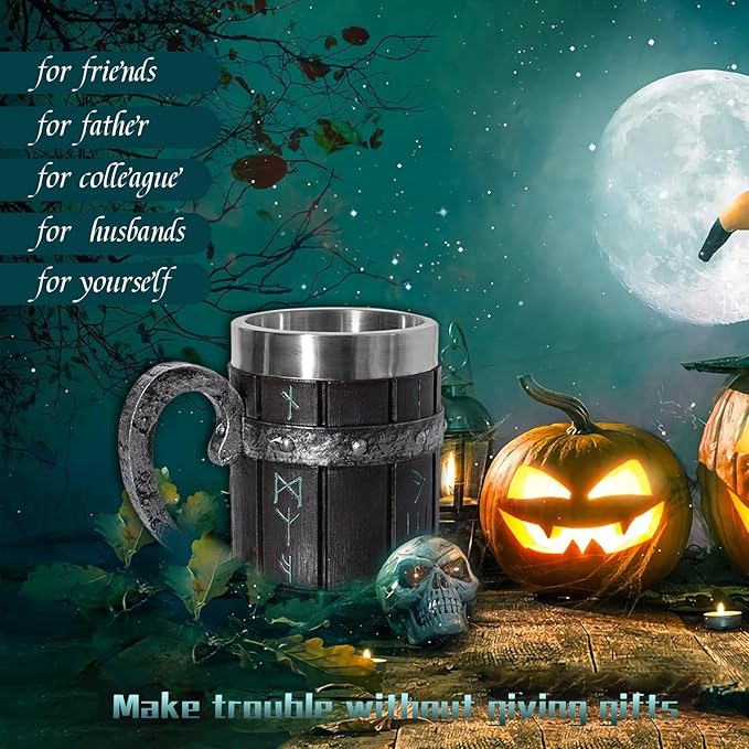 Nordic Viking Rune Beer Mug, Resin Beer Stein Tankard Cup Stainless Steel Wooden Coffee Cool Mug Viking Gift for Men Beer Cup Stein