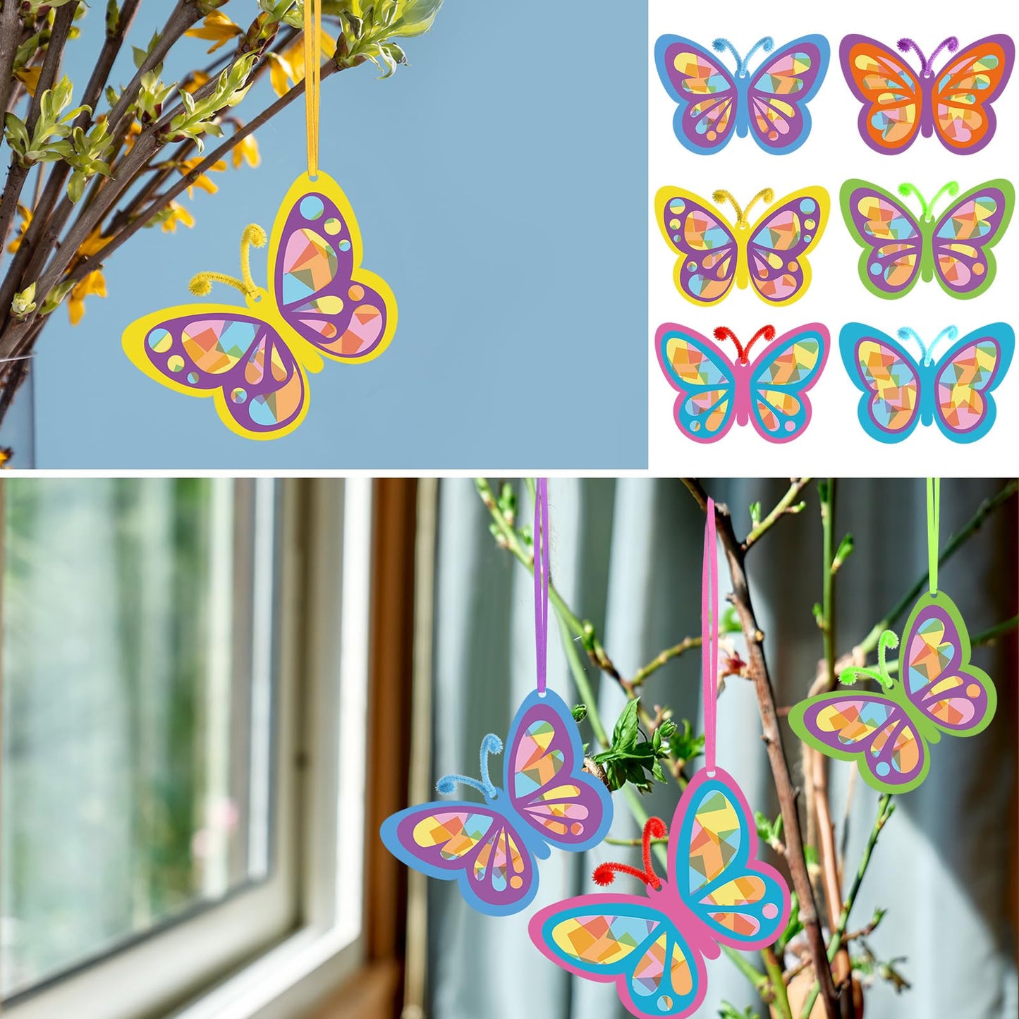 Motipuns 24 Pcs Butterfly Suncatchers Craft Kits DIY Butterfly Shaped Stained Glass Effect Tissue Paper Kits Bulk for Window Decor Spring Summer Party Favors Home Art Activities Gift Supplies