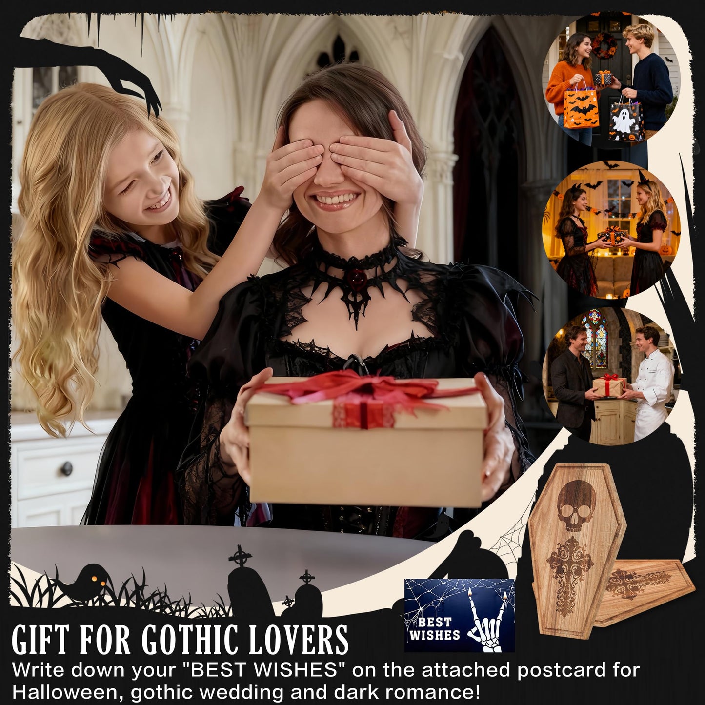 Halloween Coffin Charcuterie Board,Gothic Acacia Wooden Cutting Board for Kitchen Food Display,Skeleton Pattern Serving Tray,Goth Party Decor,Spooky Platter Gifts,17×10.5 Inch