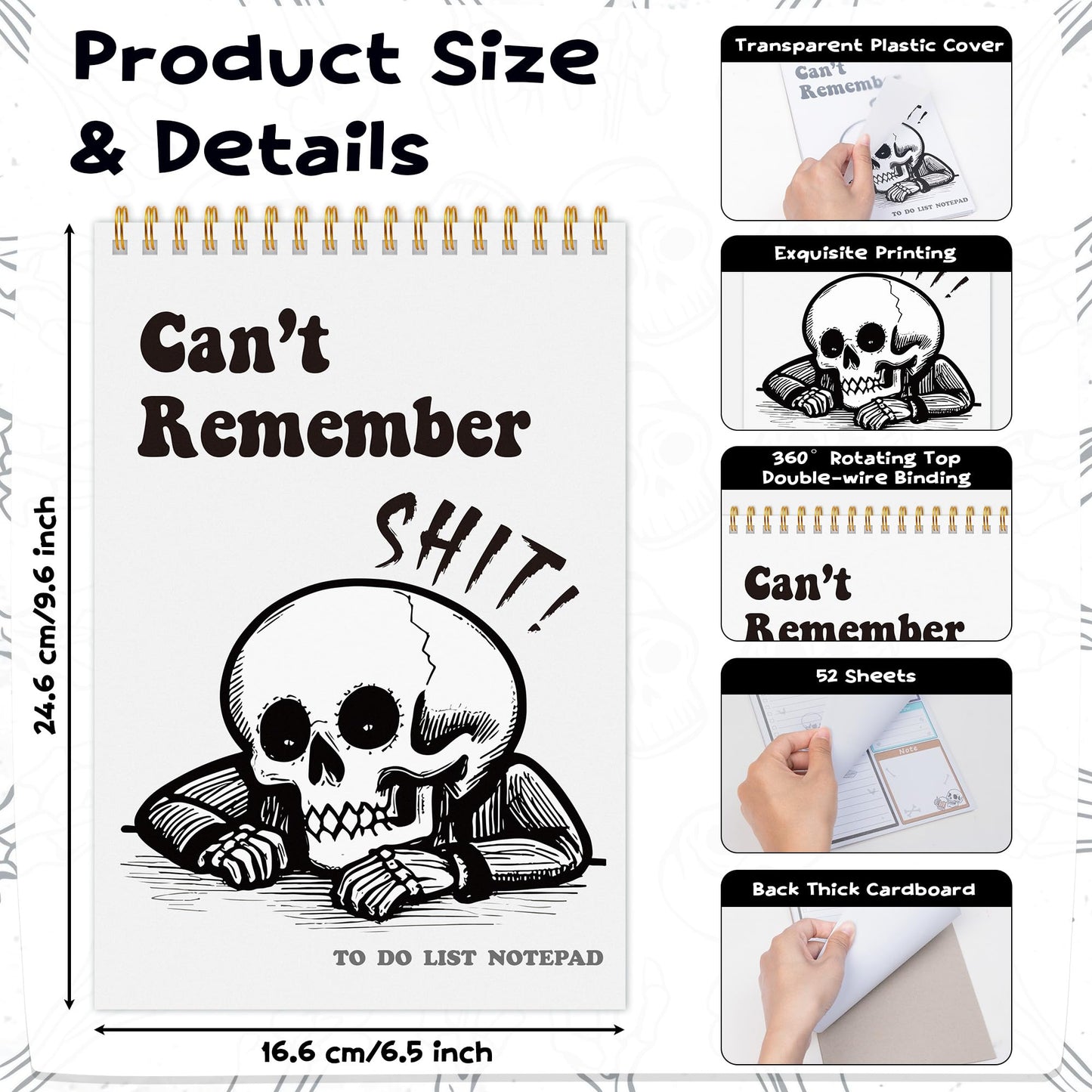 FoszaSzept To Do List Pad - Spiral Bound Daily Tear Off Planner Notepad Undated with Checklist, 52 Sheets Vertical Design for Teachers, Office, Students, Appreciation Christmas Gifts (White Skull)