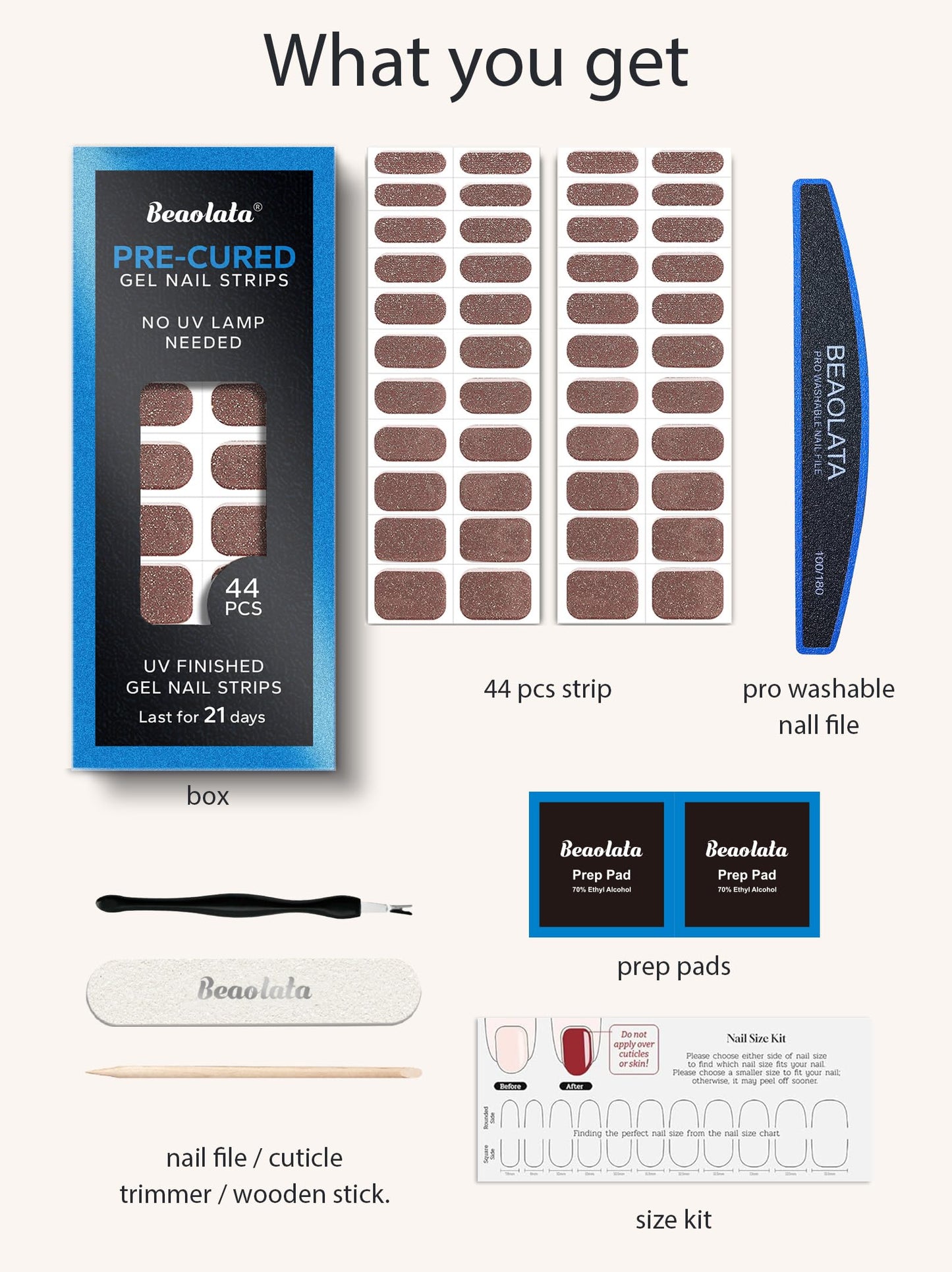 Beaolata Real Gel Nail Strips (No UV Light Needed) - 44Pcs Salon Quality Nail Stickers - Long Lasting Polish Wraps for Women, Easy Apply & Remove (Liquid Shimmer Gold)