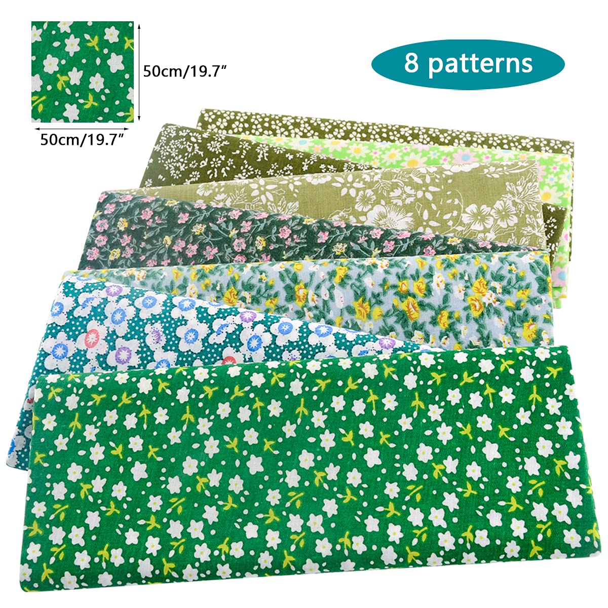 100% Cotton Fabric Bundle - 8 Pre-Cut Squares (20"x20"), Floral Pattern, Perfect for Beginners' Sewing, Quilting & Craft Projects - Green