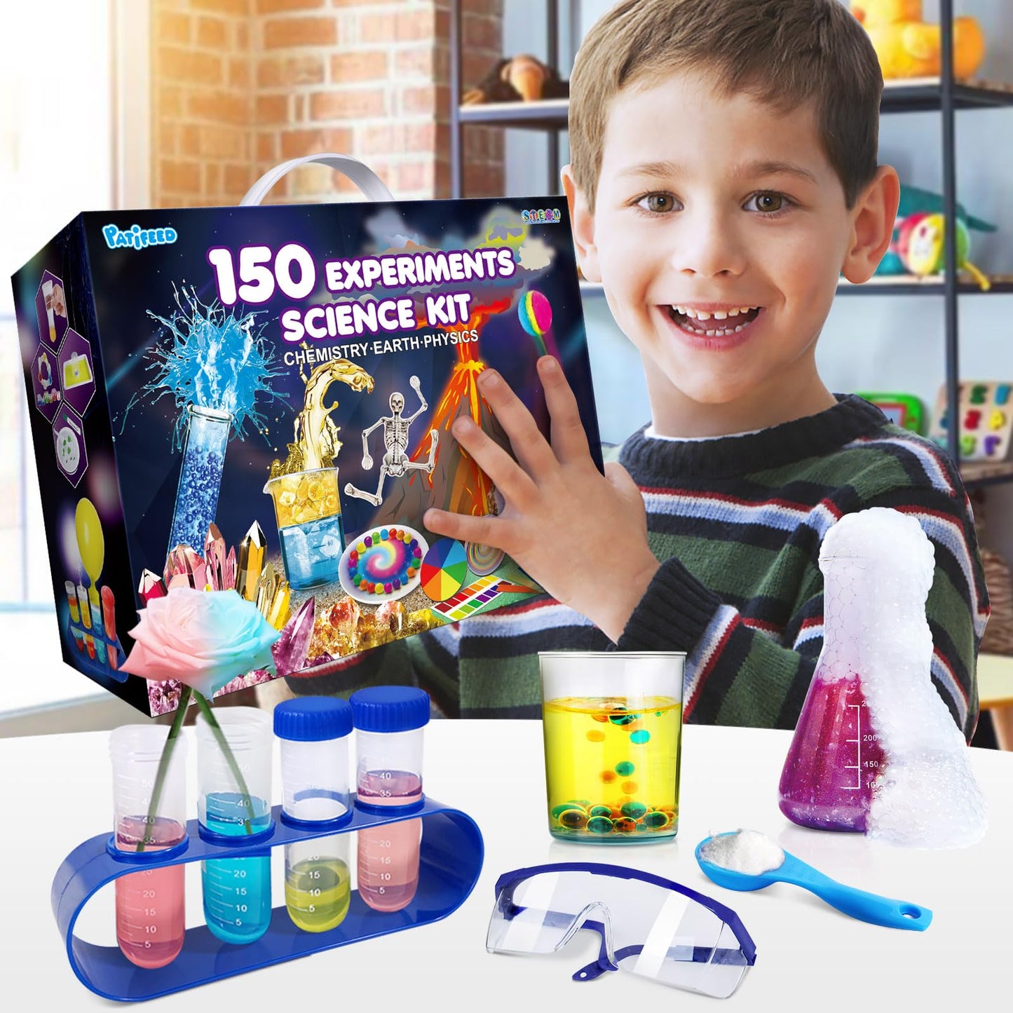 PATIFEED 150 Experiments Science Kit for Kids, Chemistry Set, Scientific Christmas Birthday Toys Gifts Ideas for Boys Girls, Break Geodes, Volcano,S.T.E.M Learning Projects