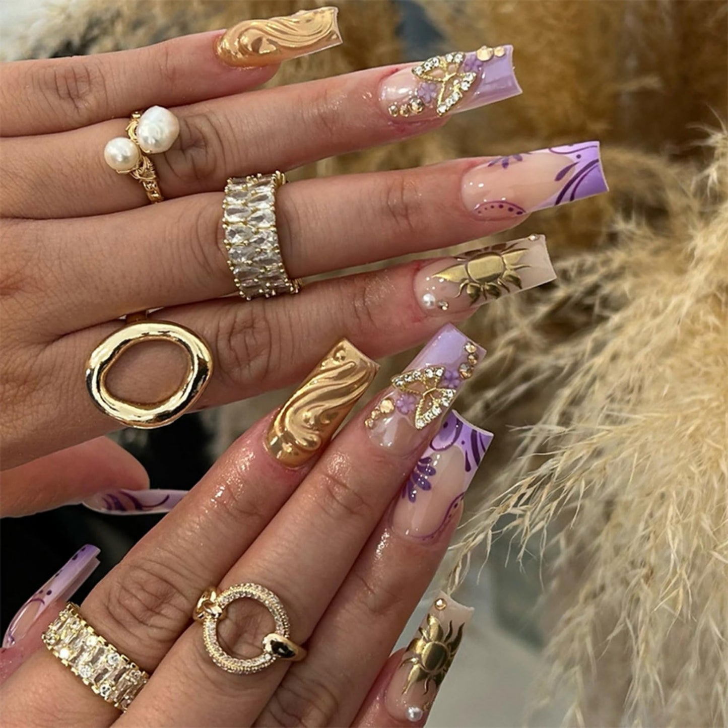 Long Press on Nails Square Purple and Gold Stick on Nail 24pcs