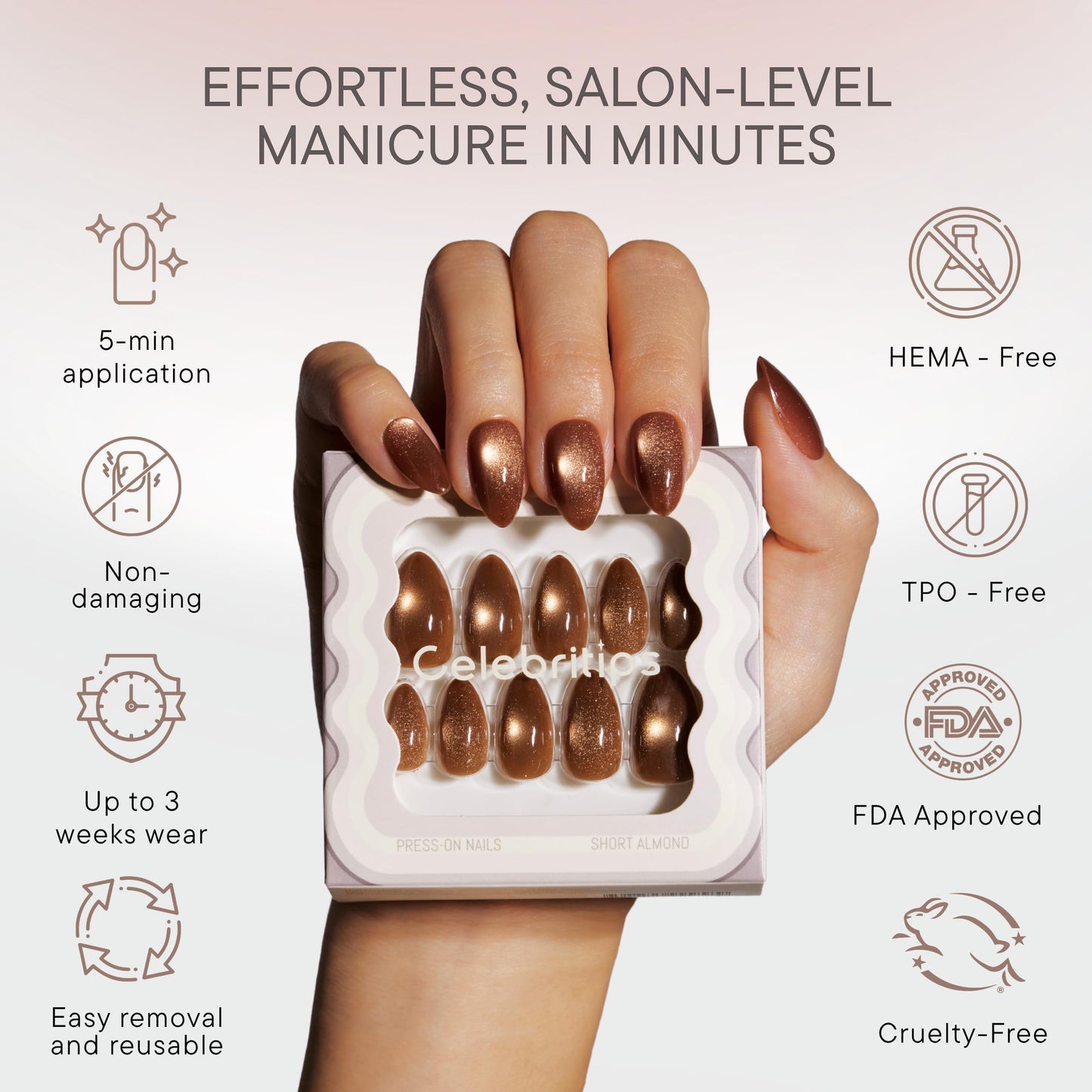 Celebritips Nail Art Press-Ons | Cinnamon Powder, Short Almond Nails, Reusable, Salon Quality Fall Nails | 16 sizes - 32 Nails Kit with Super-hold Nail Glue and Sticky Tabs