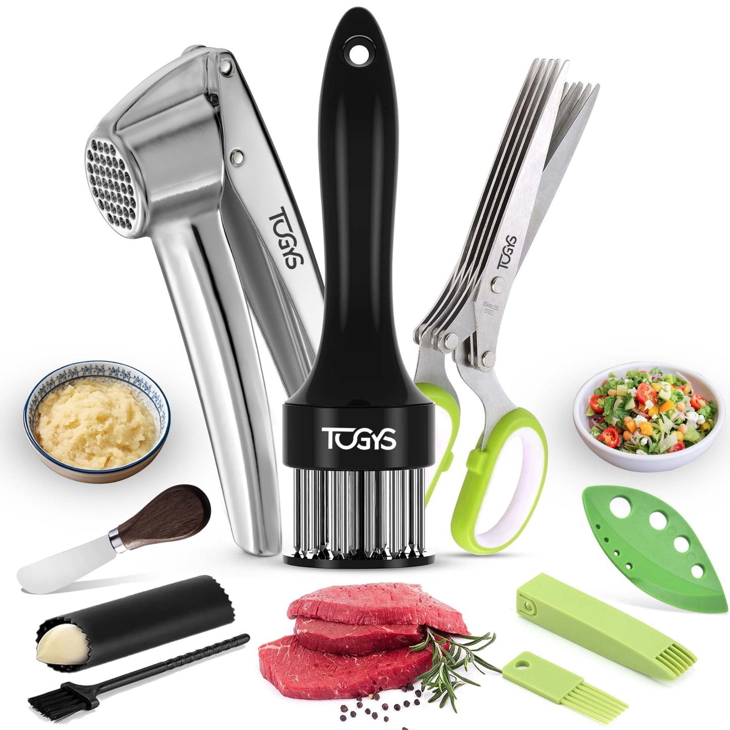 TOGYS 3-in-1 Premium Kitchen Tool Set - Heavy Duty Stainless Steel Garlic Press, Herb Scissors & Meat Tenderizer - Rust-Proof, Dishwasher Safe Cooking Gadgets - Ideal Gift for Home Chefs
