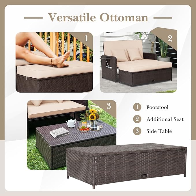 HAPPYGRILL Patio Rattan Wicker Daybed with Loveseat & Storage Ottoman, Outdoor Lounge Sofa Furniture Set with Adjustable Backrest & Side Trays, for Poolside Deck Porch Lawn (Mix Brown & Beige)