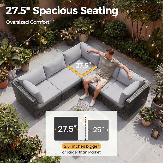 NICESOUL 11 Piece Outdoor Patio Furniture Set with Fire Pit Natural Gas/Propane, 29.3'' High Back Comfy Wicker Patio Sectional with Firepit & Chaise Lounge, 8 Seats Big Deep Couch for Backyard, Grey