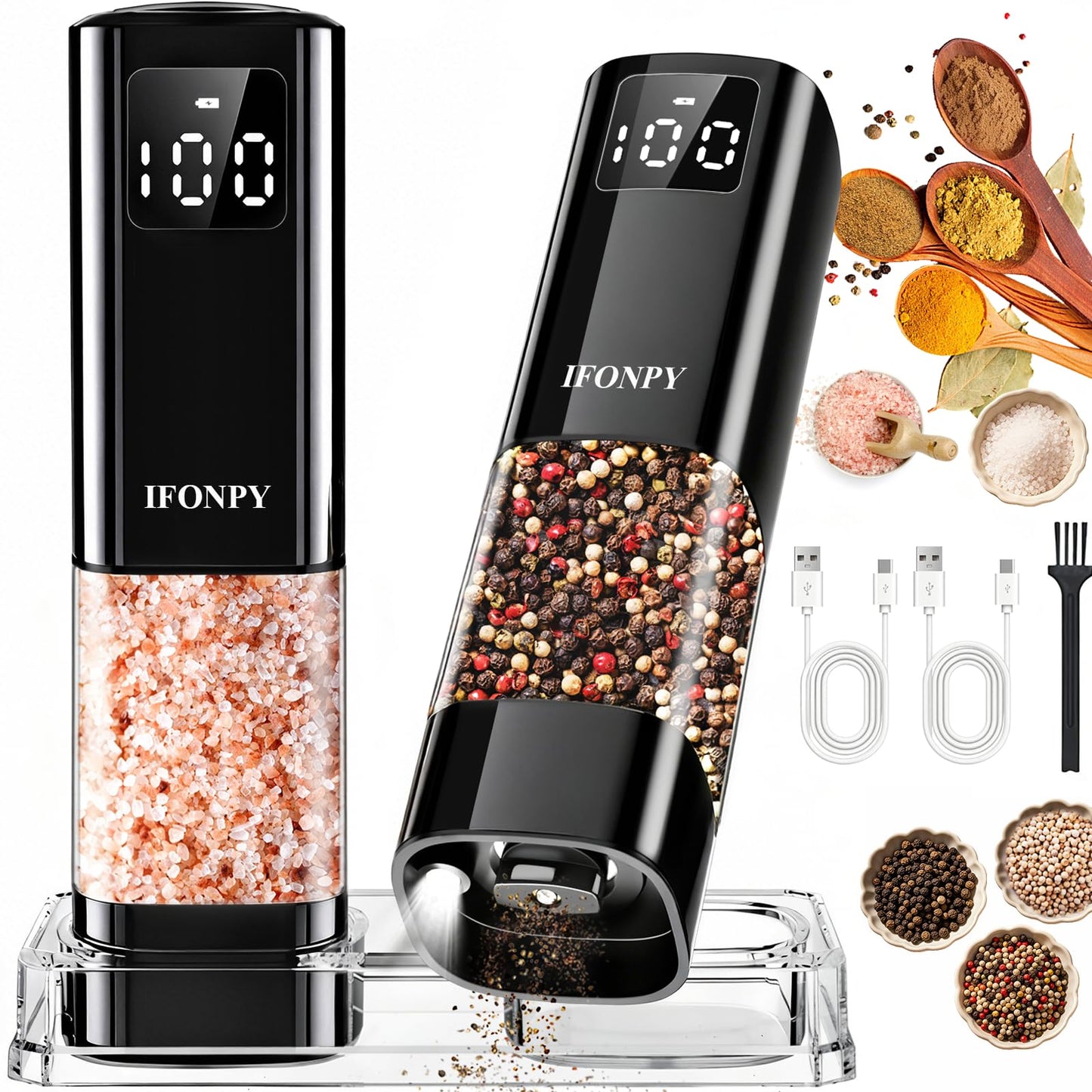 IFONPY Upgraded Larger Capacity Electric Salt and Pepper Grinder Set Rechargeable with Digital Display, Refillable Electric Pepper Grinder Mill Set with Light & Ceramic Core, Adjustable Coarseness