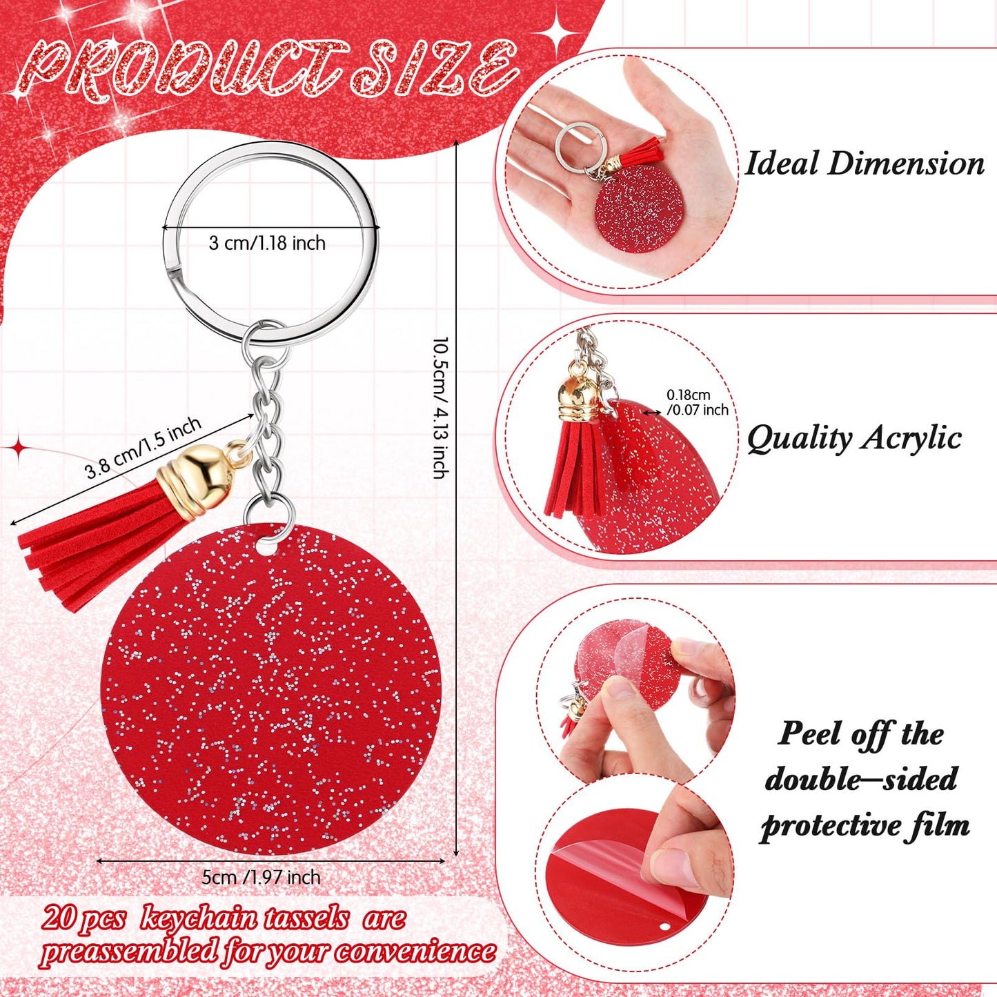 Sureio 20 Set Acrylic Keychain Blank with Key Rings 20 Pcs 1.97'' Glitter Acrylic Blanks 20 Pcs Keychain Tassels for DIY (Red,Glittery)