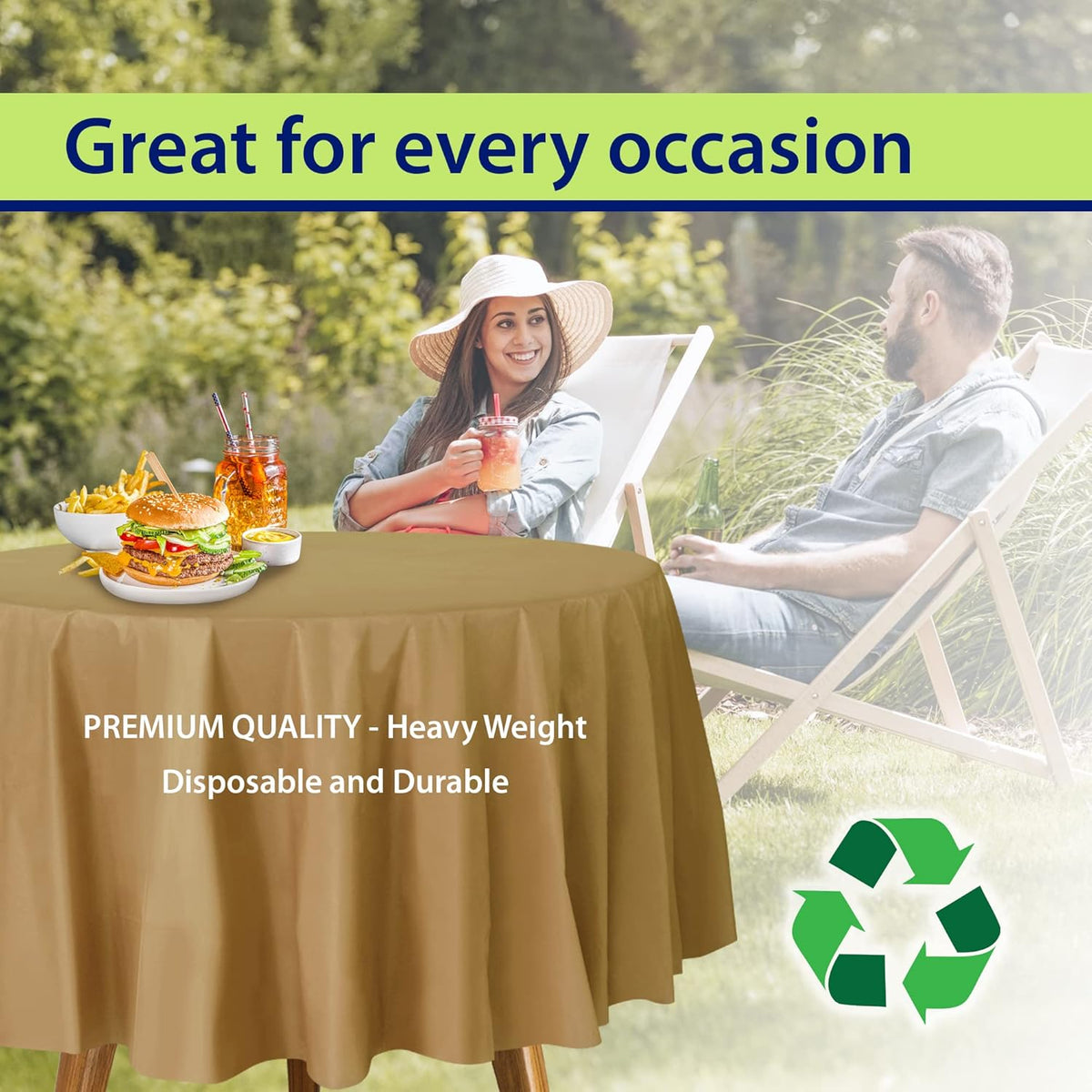 Gold Disposable Plastic Tablecloth for Round Tables (12 Pack) 84 inches Table Cloths for Parties, Events & Weddings, Indoors & Outdoors, Plastic Table Cover