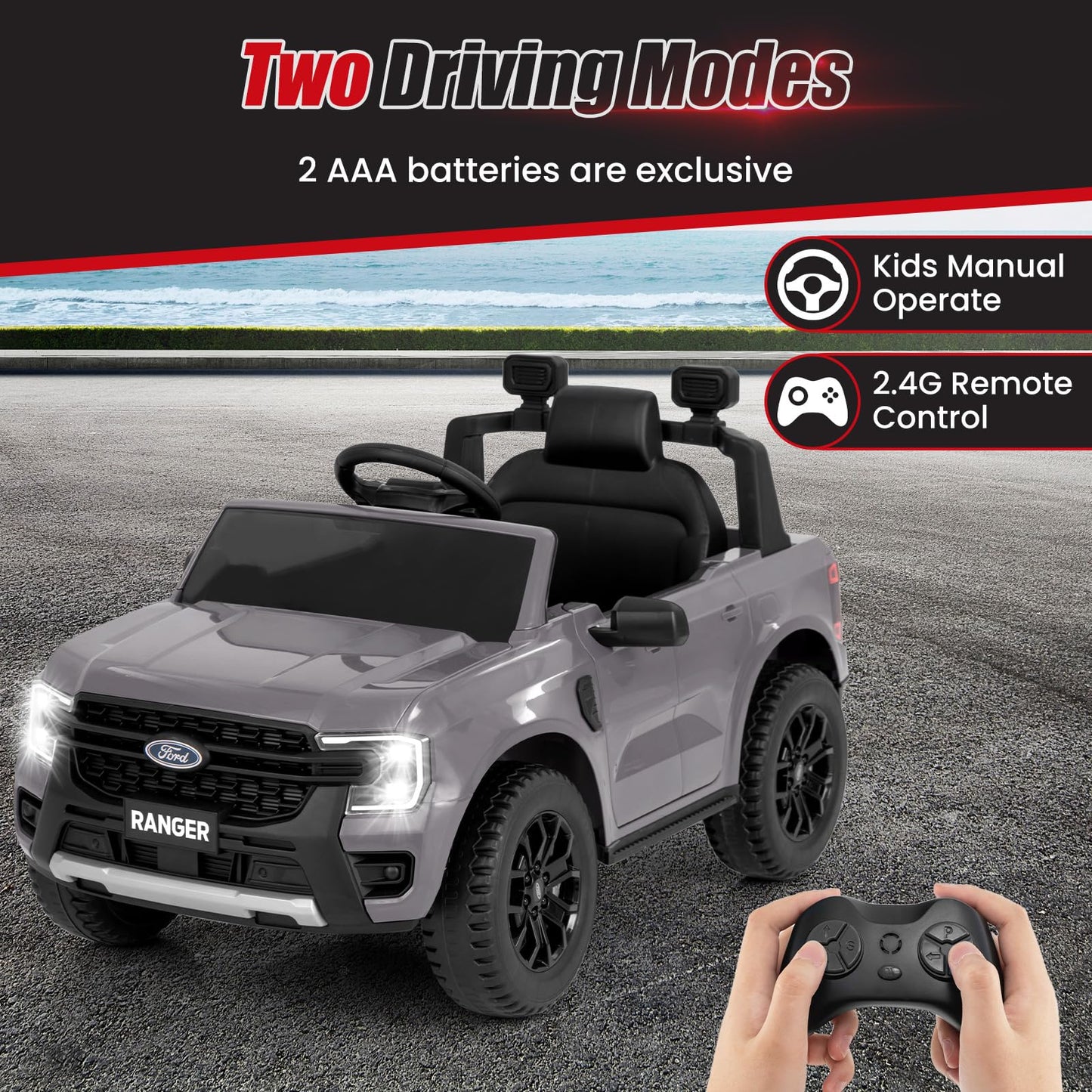 Licensed Ford Ranger Ride on Car for Kids by OLAKIDS, 12V Electric Vehicle Truck with Remote Control, Toddlers Battery Powered Toy with 2 Speeds Wheels Suspension Storage Space Bluetooth USB (Gray)