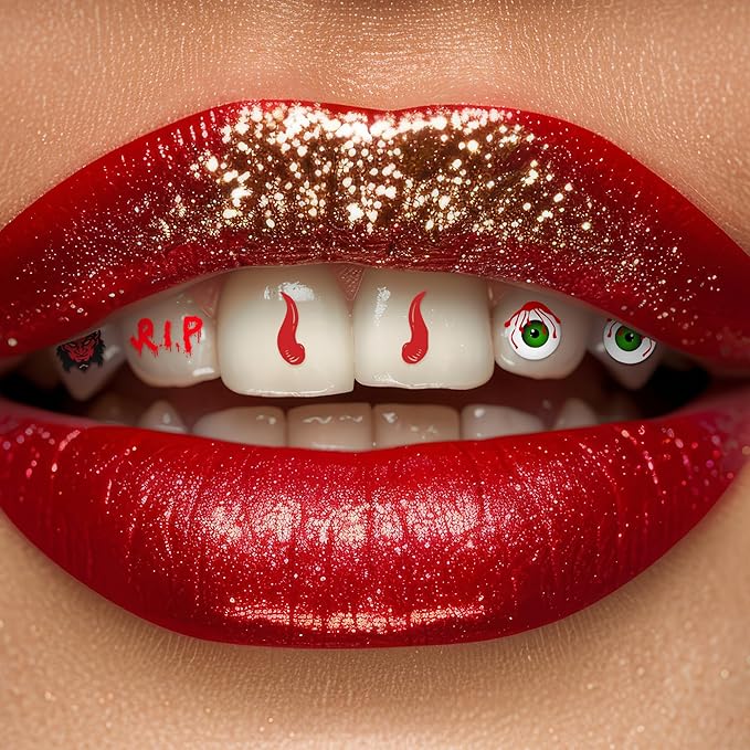 Halloween Tooth Bling Tattoo – Temporary Tooth Gem Kit for Teeth – Safe for Teens & Adults, Removable Fun Fake Tooth Tattoo Stickers for Halloween Costume, Party & Cosplay (Bloody)