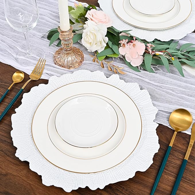 Pesonlook 50Pcs White Charger Plates Round 13inch, Reef Plate Chargers for Dinner, Bulk Plastic Floral Table Plates for Dinner Wedding Party Event Table Setting Decoration(White)