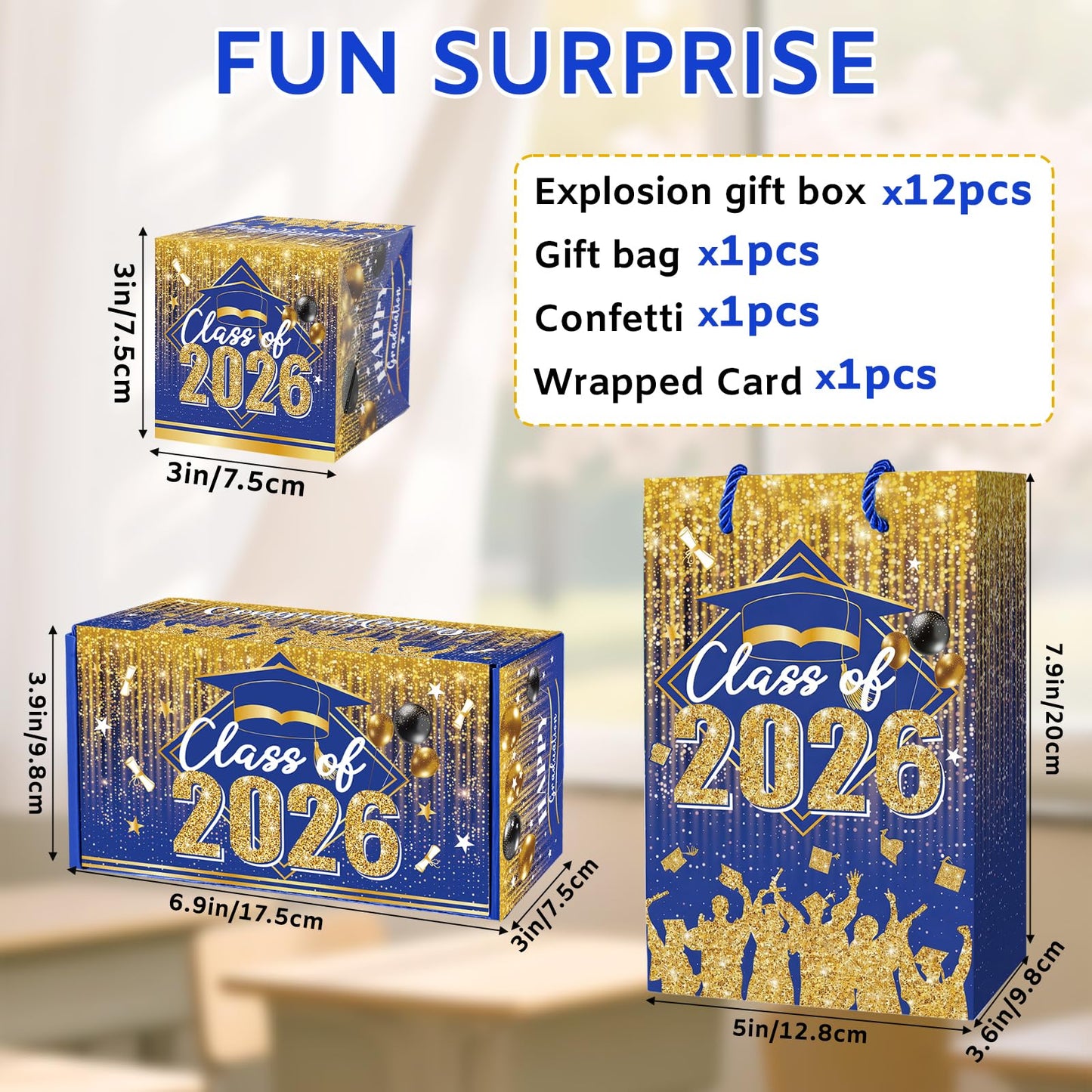 Sereliy Graduation Exploding Money Gift Boxes for Cash, 12 Pack Pop Up Surprise Money Box with Confetti, Blue Gold Graduation Explosion Gift Box for Cash Giving Class of 2026