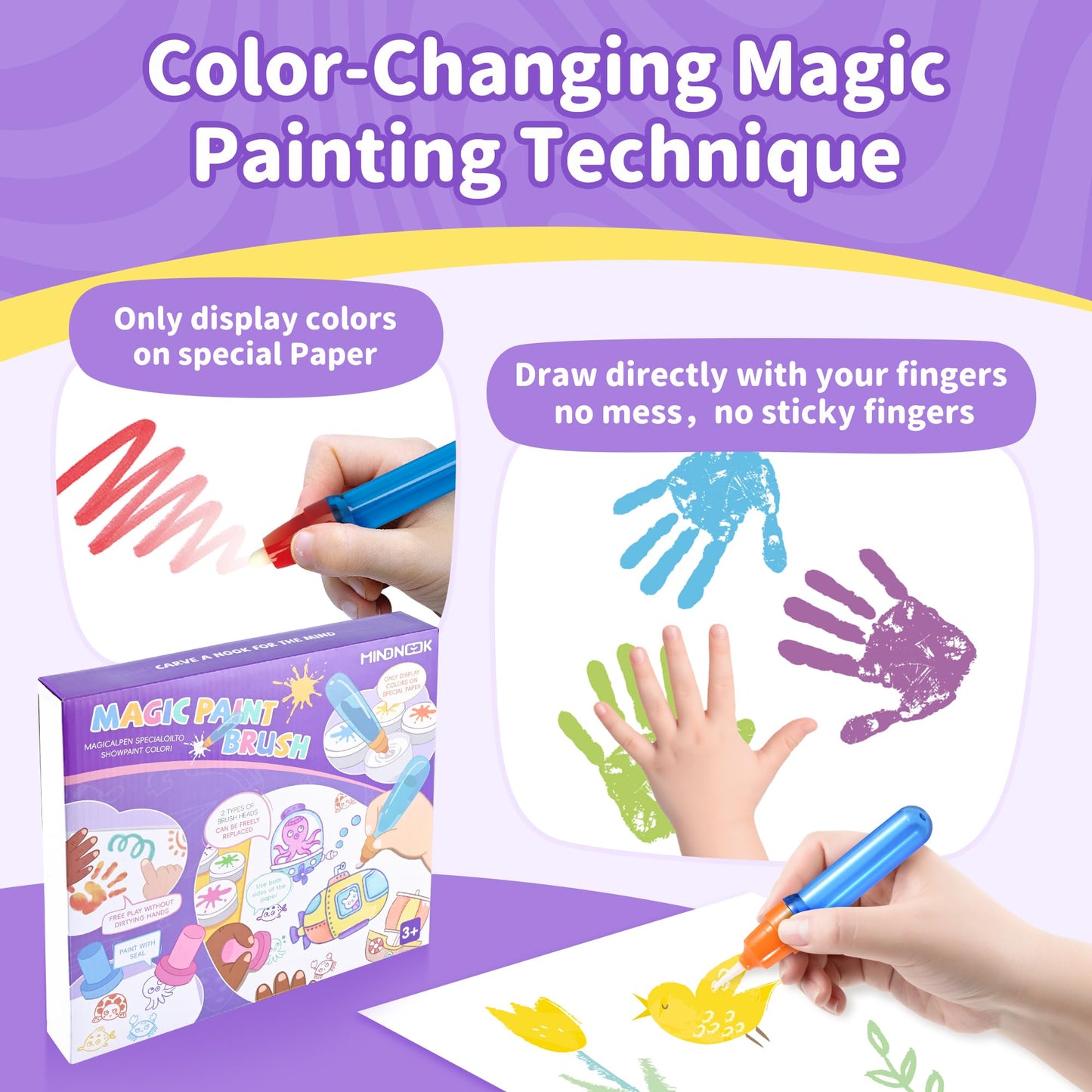 MINDNOOK Magic Brush Painting Set for Kids, Mess Free Art Station with Color-Changing Brush for Creative Learning at Home & School, Gift for Toddlers Ages 3,4,5,6,7,8,9