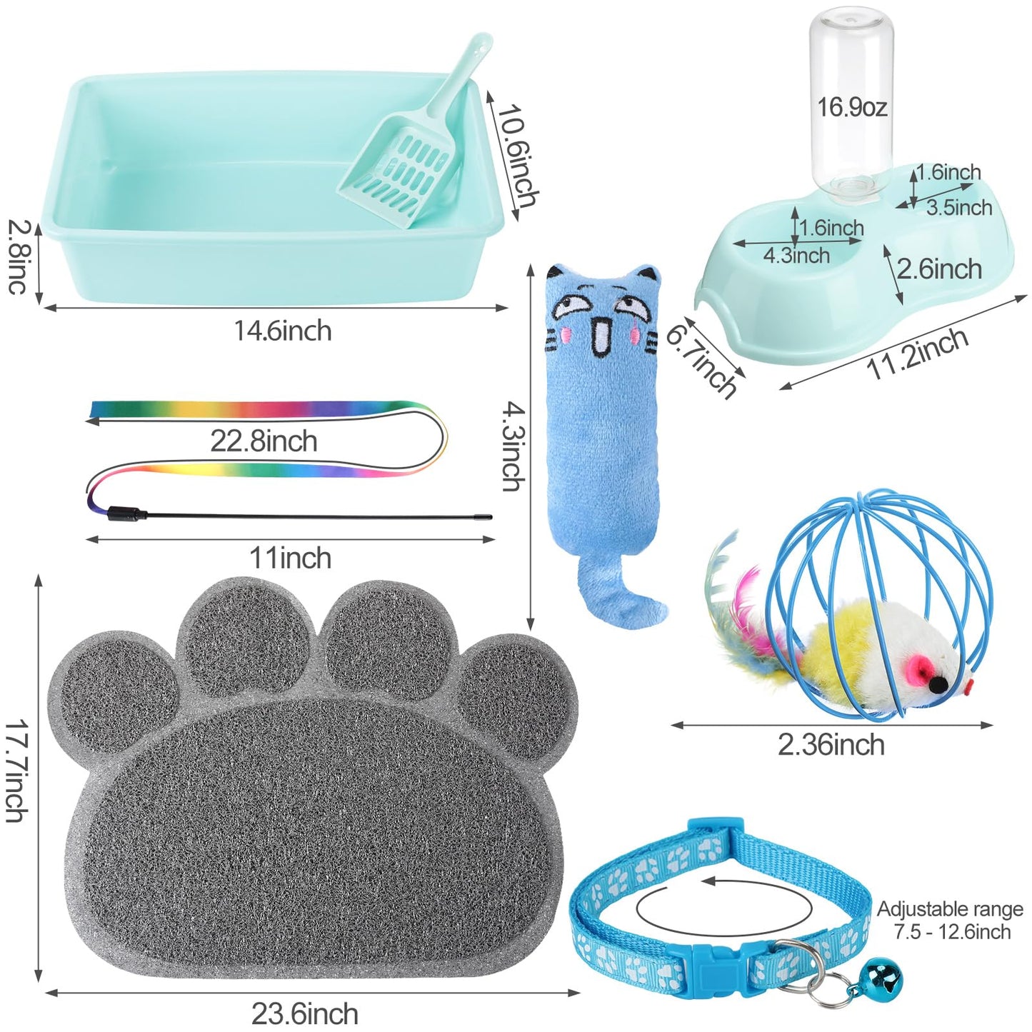 7 Pcs Small Cat Kitten Starter Kit Cat Litter Box with Shovel Paw Litter Mat Double Automatic Kitten Bowls Toy Teaser Stick Collar Essentials Kits for 1-3 Lbs Beginner(Simple,Blue)