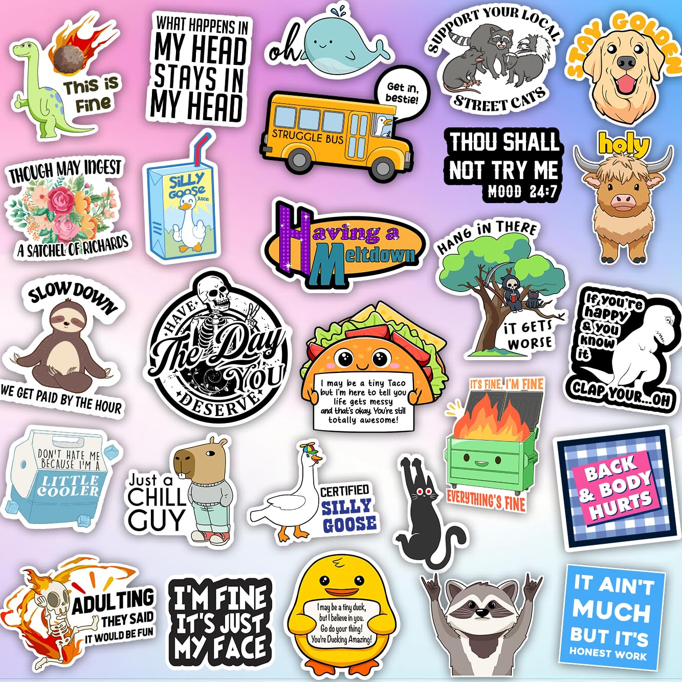 Hot Mess Xpress by Puraesla - 225PCS Funny Holographic Stickers for Adults, Waterproof Vinyl Pack Sarcastic Relatable Meme Decals for Laptop, Water Bottle, Phone, Kindle, Journal, Scrapbooking