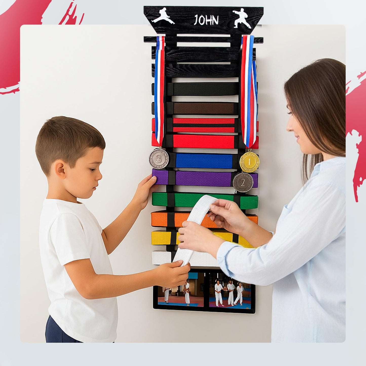 Optimus Depot Karate Belt Display Rack - Taekwondo Belt Display with Customization Stickers, 2 Picture Frames, Self-Adhesive Adjustable Strips & Hanging Kit Taekwondo Gifts - Black 12