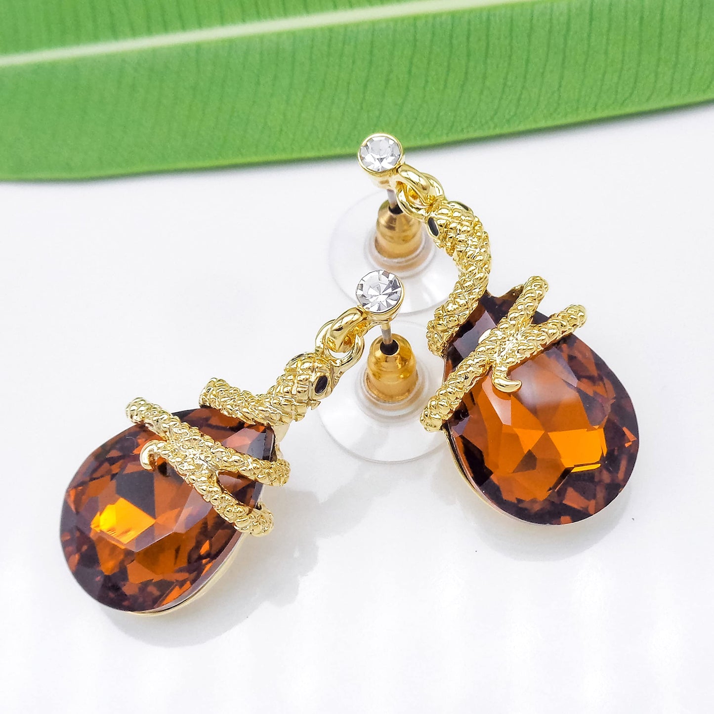 Navachi 18k Gold Plated Crystal Dark Brown Zircon Snake Drop Dangle Az1354 Stud Earrings