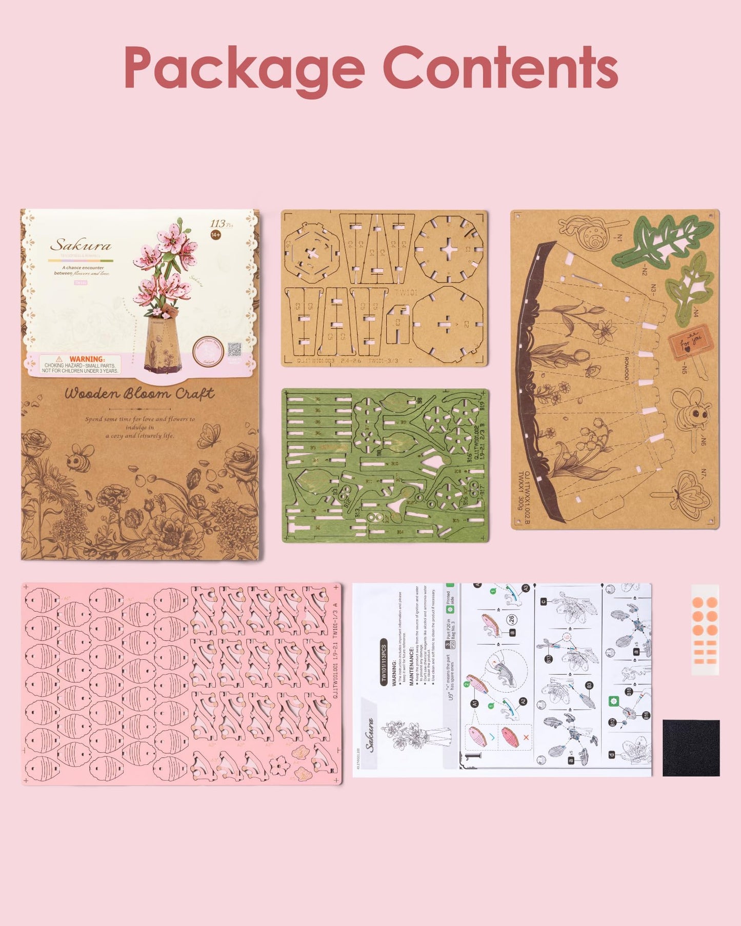 ROBOTIME 3D Puzzle Sakura TW101, DIY Wooden Flower Craft, Artificial Flowers Model Kit to Assemble for Adults, Home Decoration and Valentine's Day Toy Gift Set