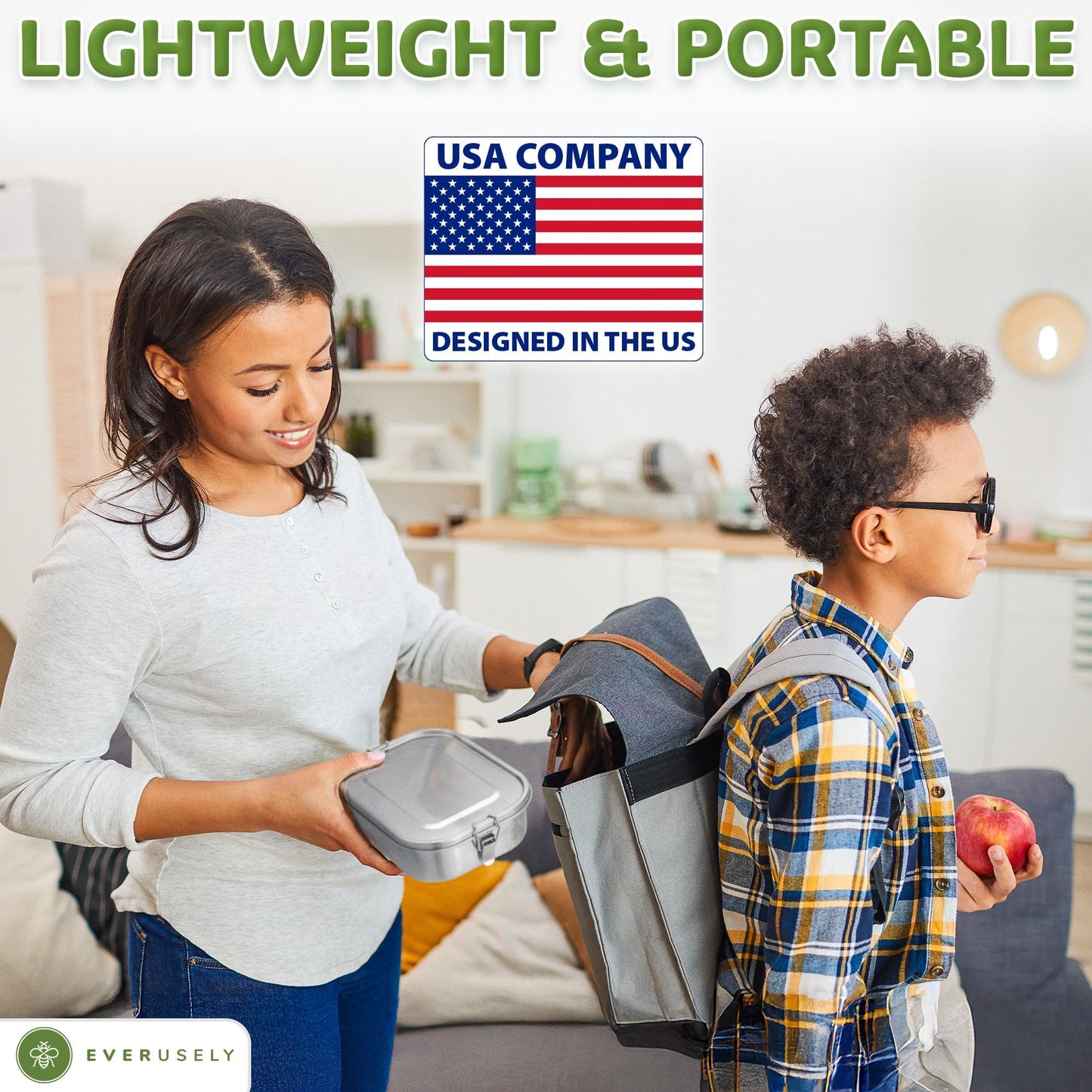 Everusely - Bento Box - Stainless Steel Lunch Box for Adults - 47 oz, 1.4 L - 5 Compartment Snack Container with Removable Silicone Seal + Secure Lock Clips - Non Plastic, Leakproof, Dishwasher Safe