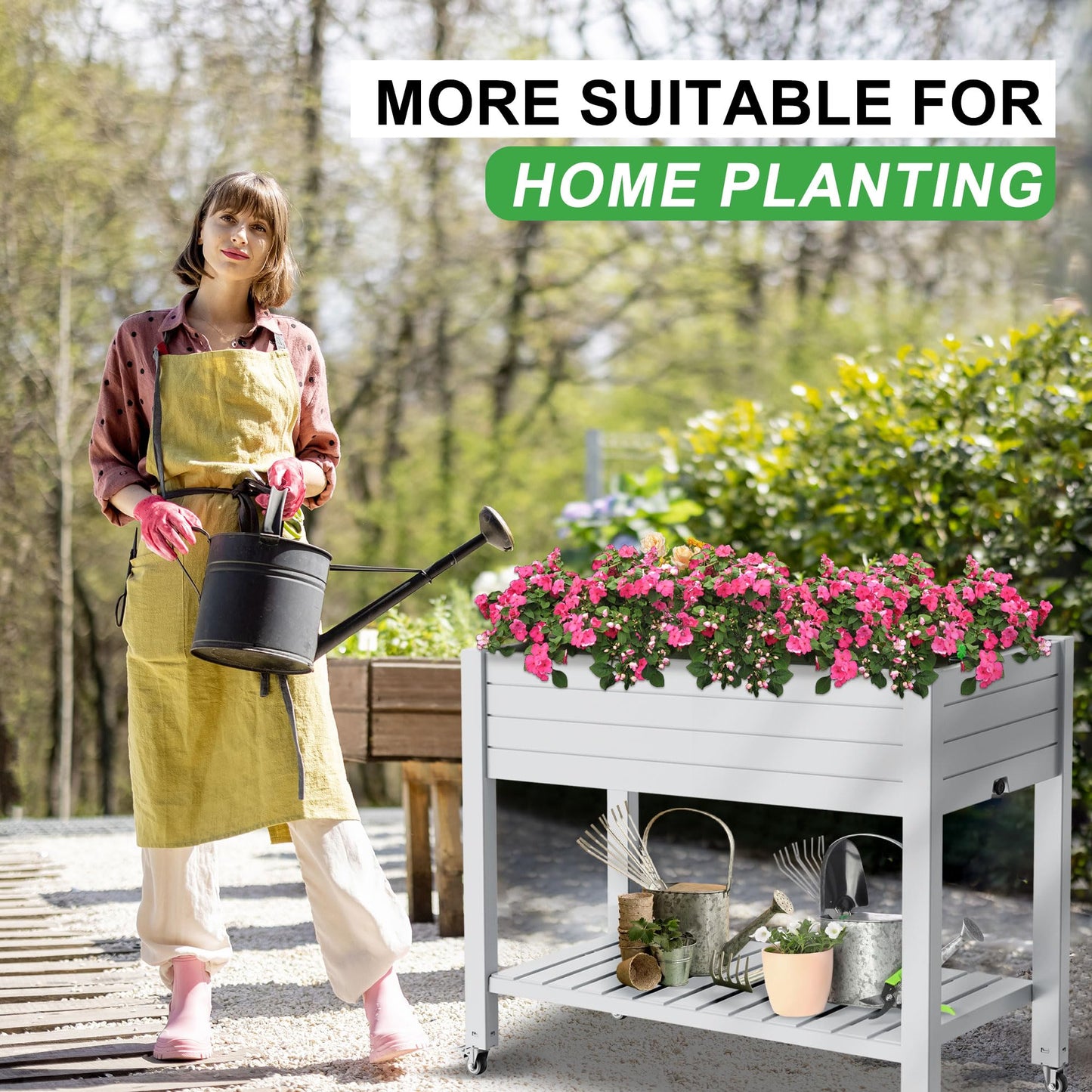 PatioZen Raised Garden Bed with Legs, 33.66" Tall Self-Watering Resin Planter Box with Lockable Wheels Drainage Plug and Gauge for Vegetables, Flowers, Storage Shelf for Tools and Accessories (Ashen)