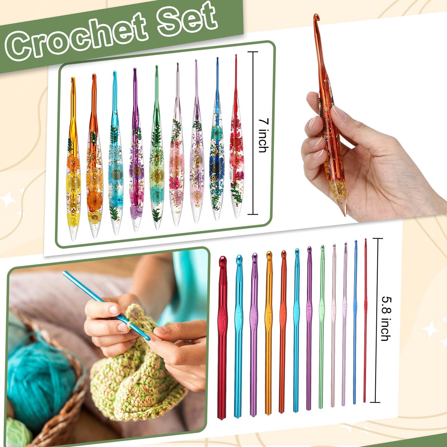 Riceshoot 86 Pcs Crochet Hook Set, 2.0mm-8.0mm Ergonomic Crochet Hooks with Long Floral Handle for Beginners Crocheting Lovers, Includes Storage Bag and Other Accessories